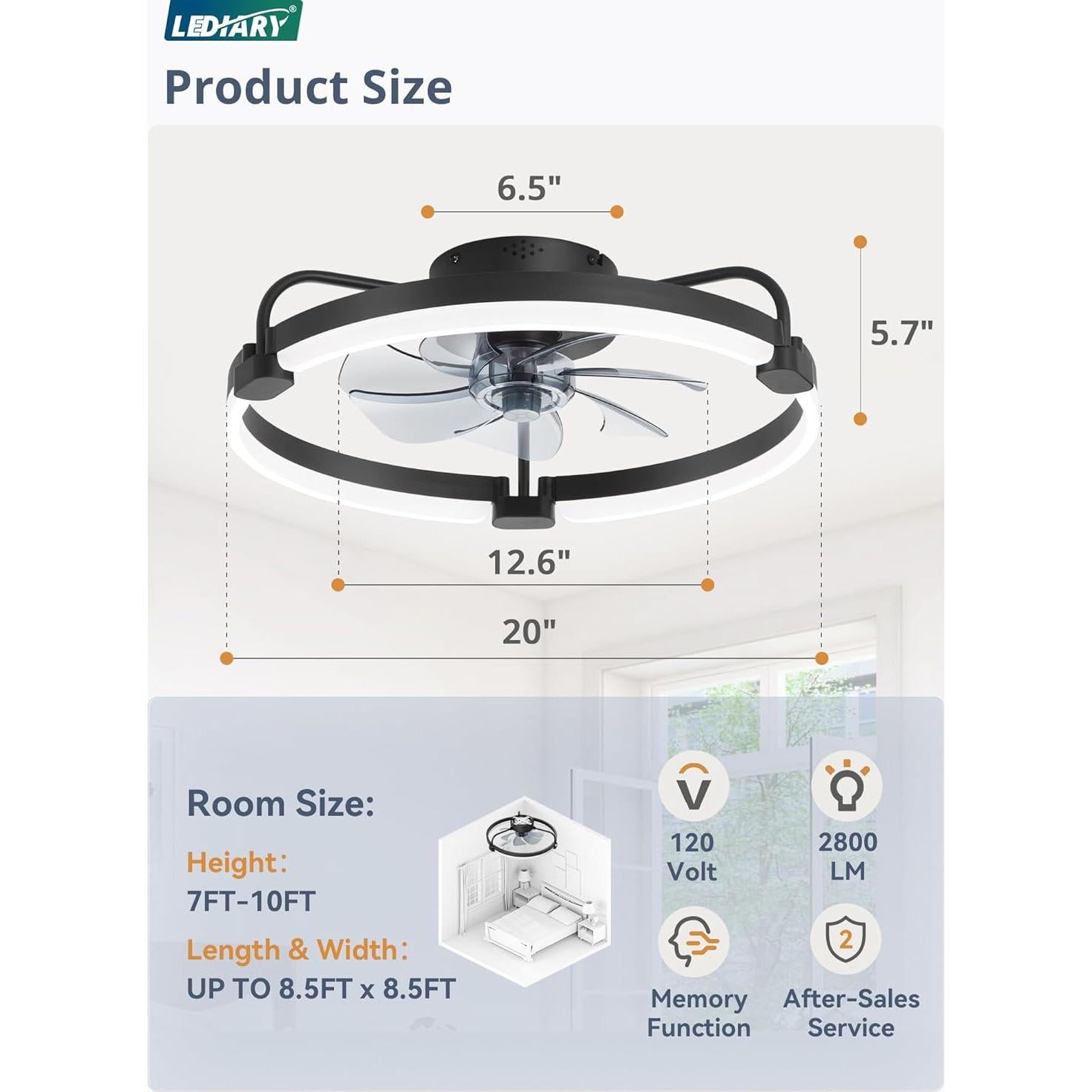 Ventilador de Techo LEDIARY 50.8 cm con Luz y Control Remoto