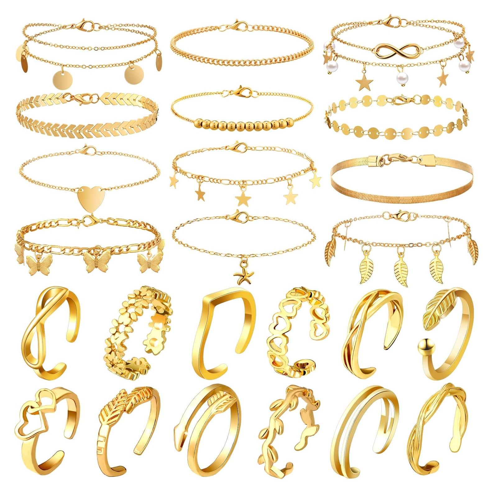 Set de 24 Piezas de Tobilleras y Anillos Oro Sasylvia