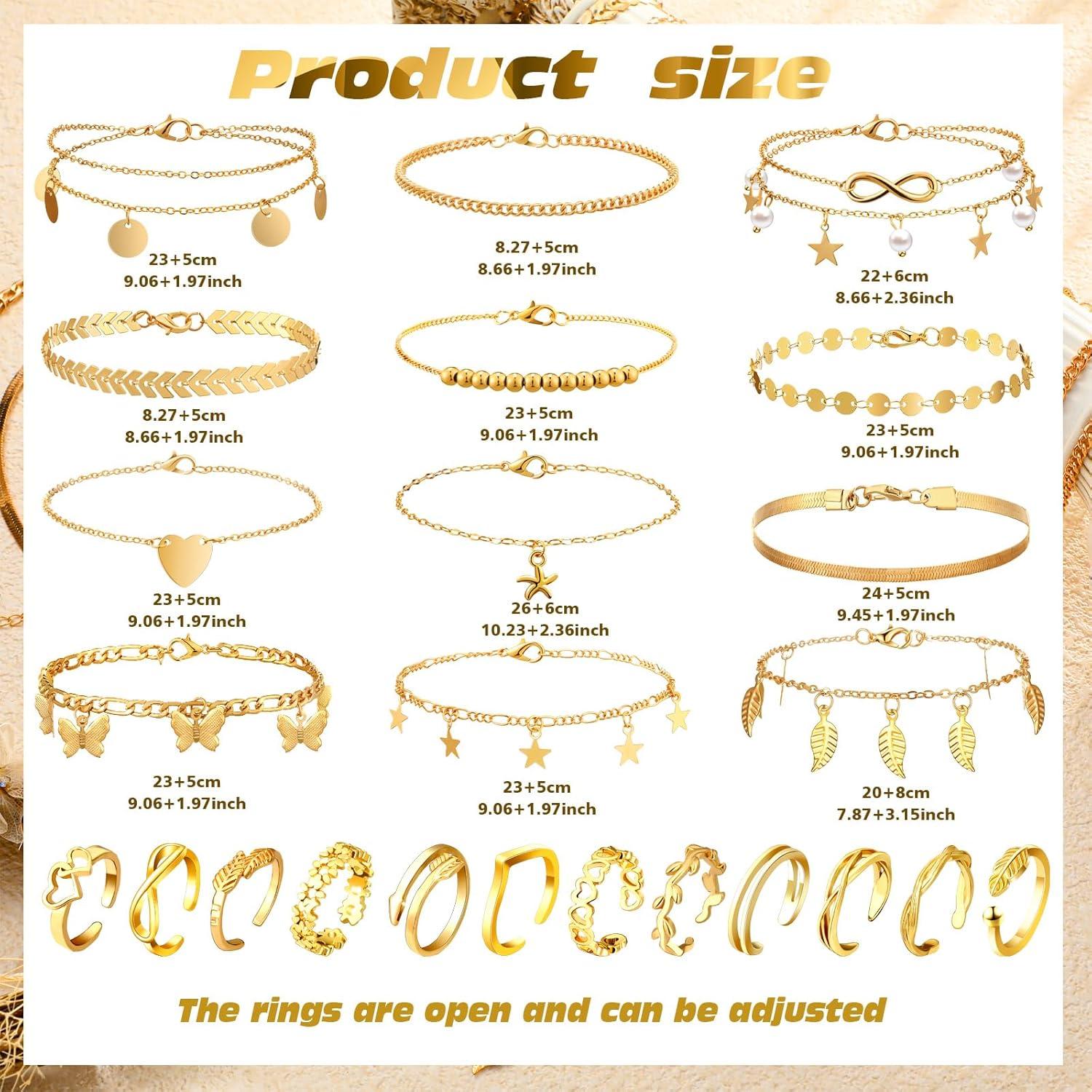 Set de 24 Piezas de Tobilleras y Anillos Oro Sasylvia