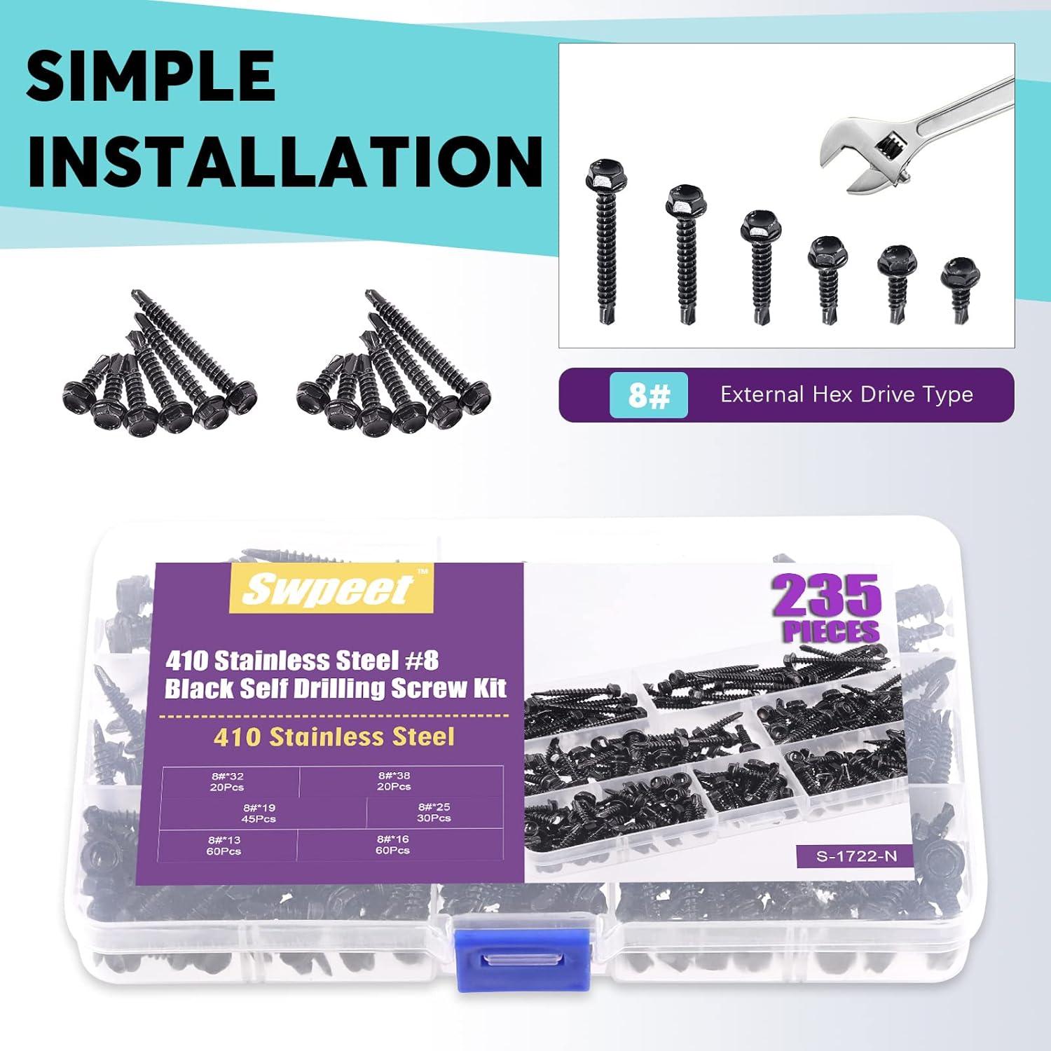 Kit de Tornillos Autoperforantes Swpeet Acero Inoxidable 410 235Pcs
