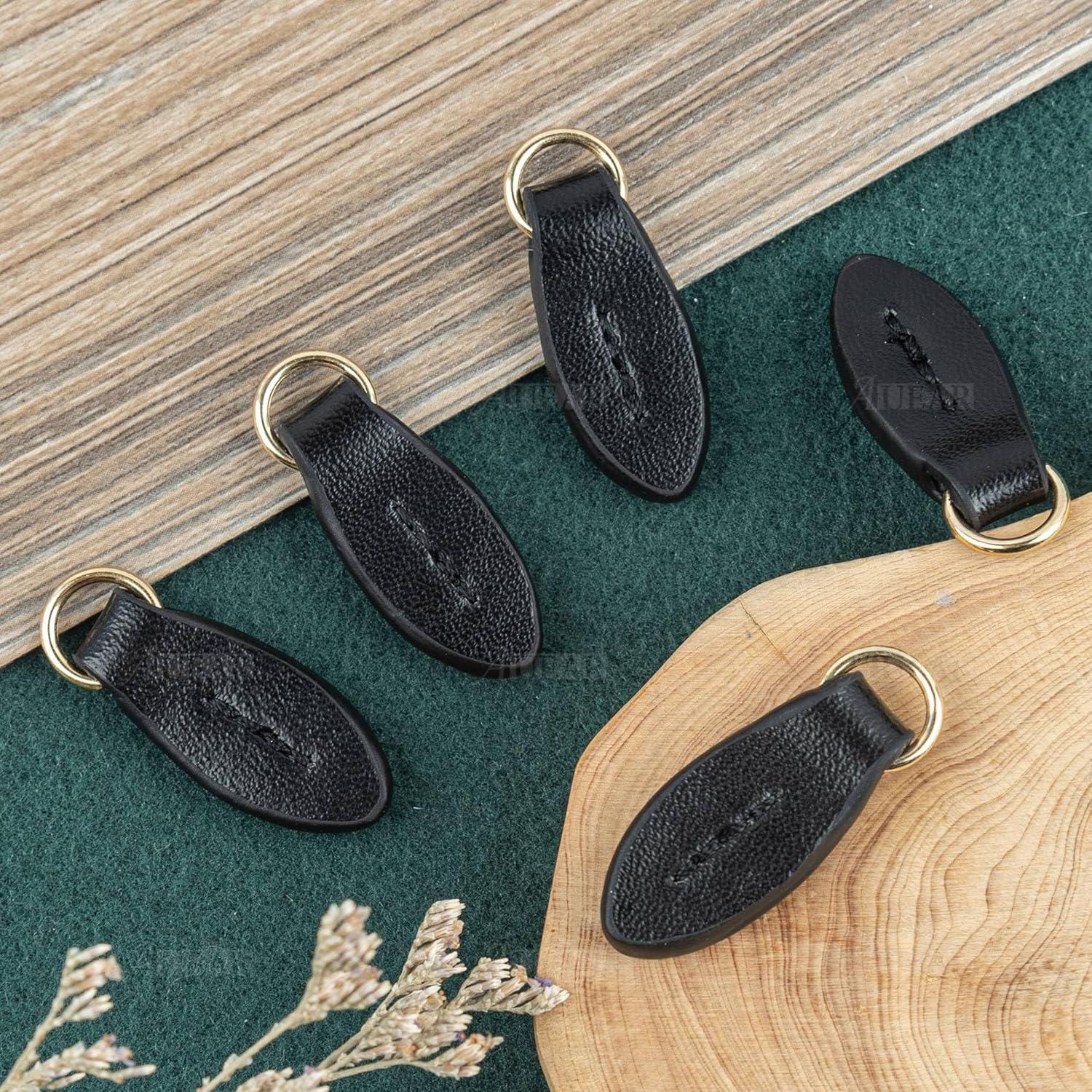 5 Tiradores de Zipper de Cuero Negro AUEAR en Forma de Hoja