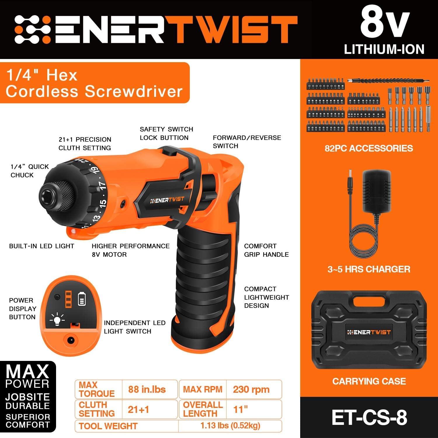 Destornillador Inalámbrico ENERTWIST 8V 10Nm 82 Accesorios