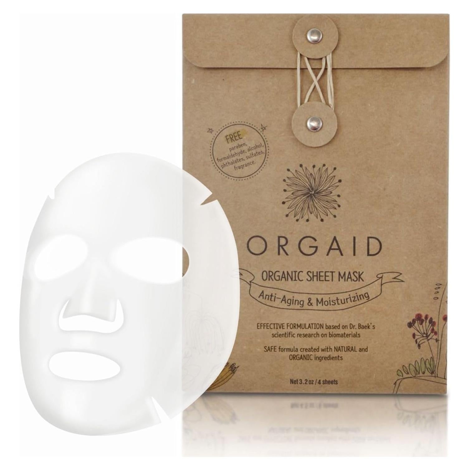Máscaras de Hoja Orgánica ORGAID - Hidratante Antienvejecimiento, 4 Unidades