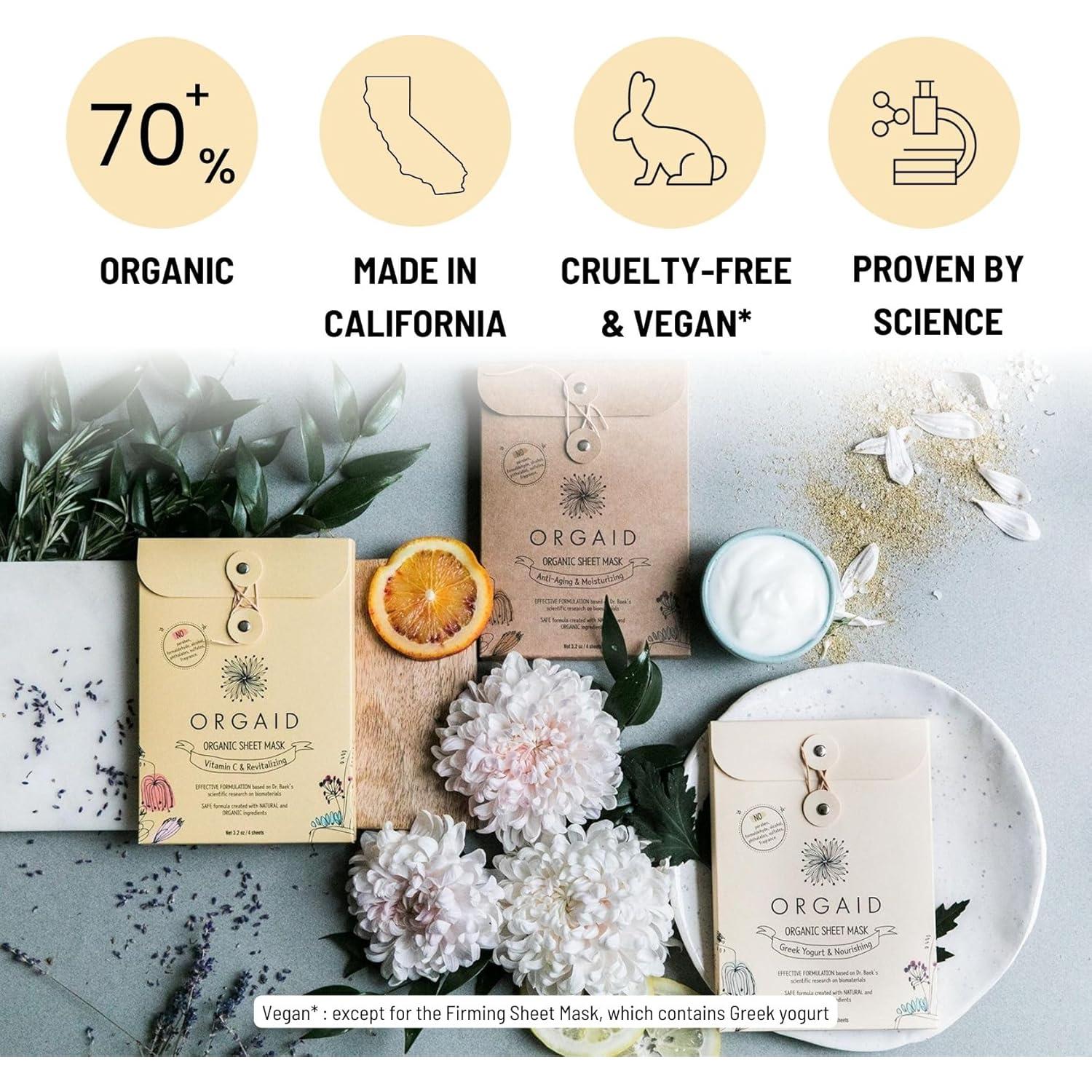 Máscaras de Hoja Orgánica ORGAID - Hidratante Antienvejecimiento, 4 Unidades