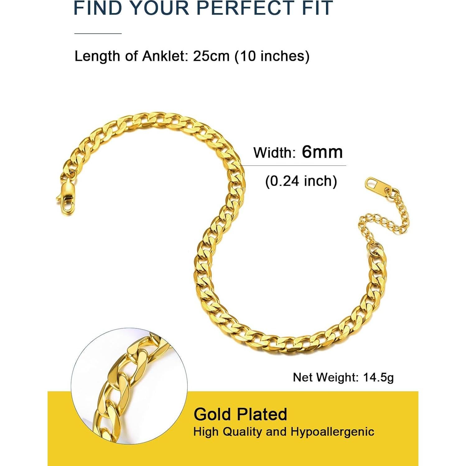 Cadena de Tobillo Ajustable ChainsPro Baño de Oro 18K 21.5cm