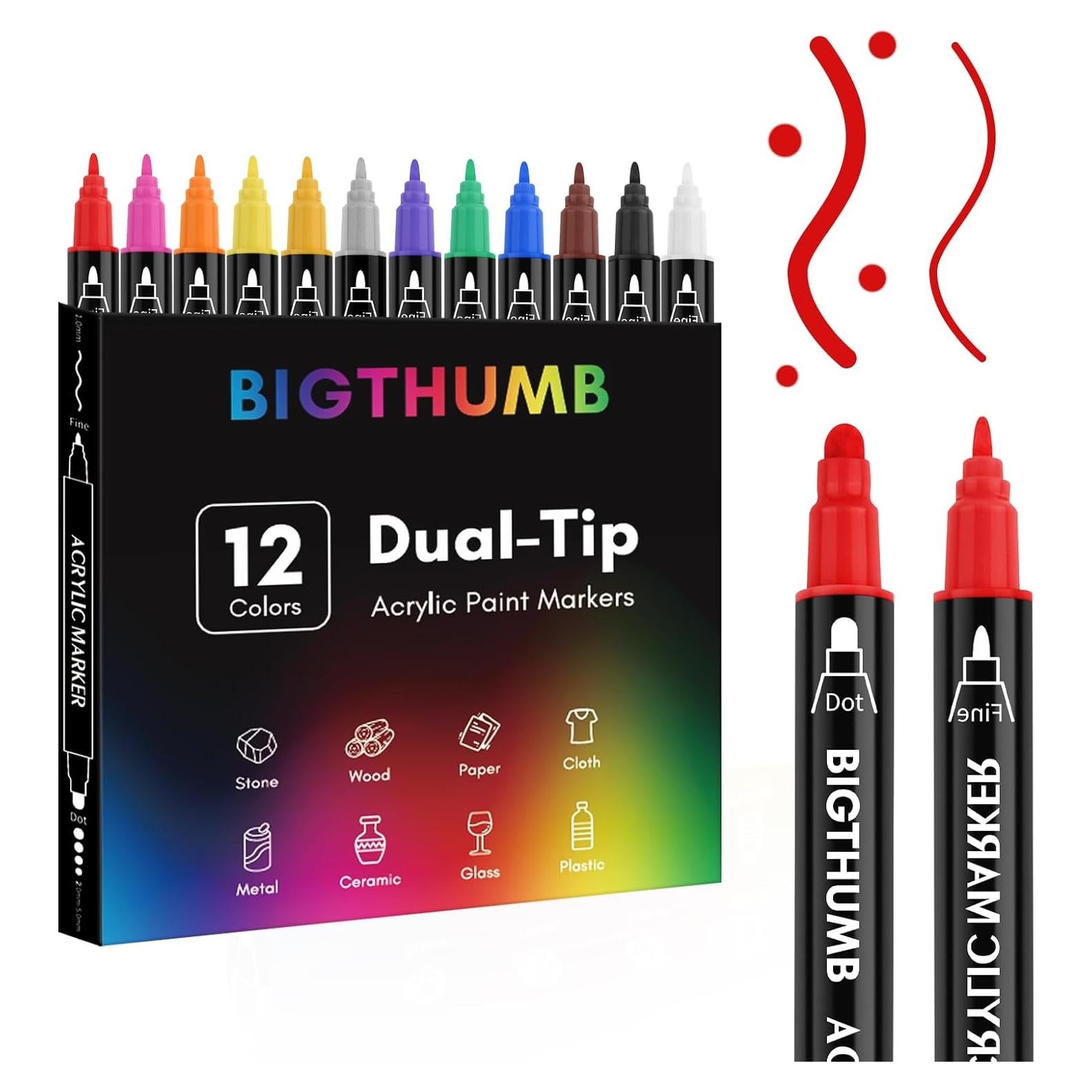 Marcadores Acrílicos Doble Punta BIGTHUMB 12 Colores 1-5mm