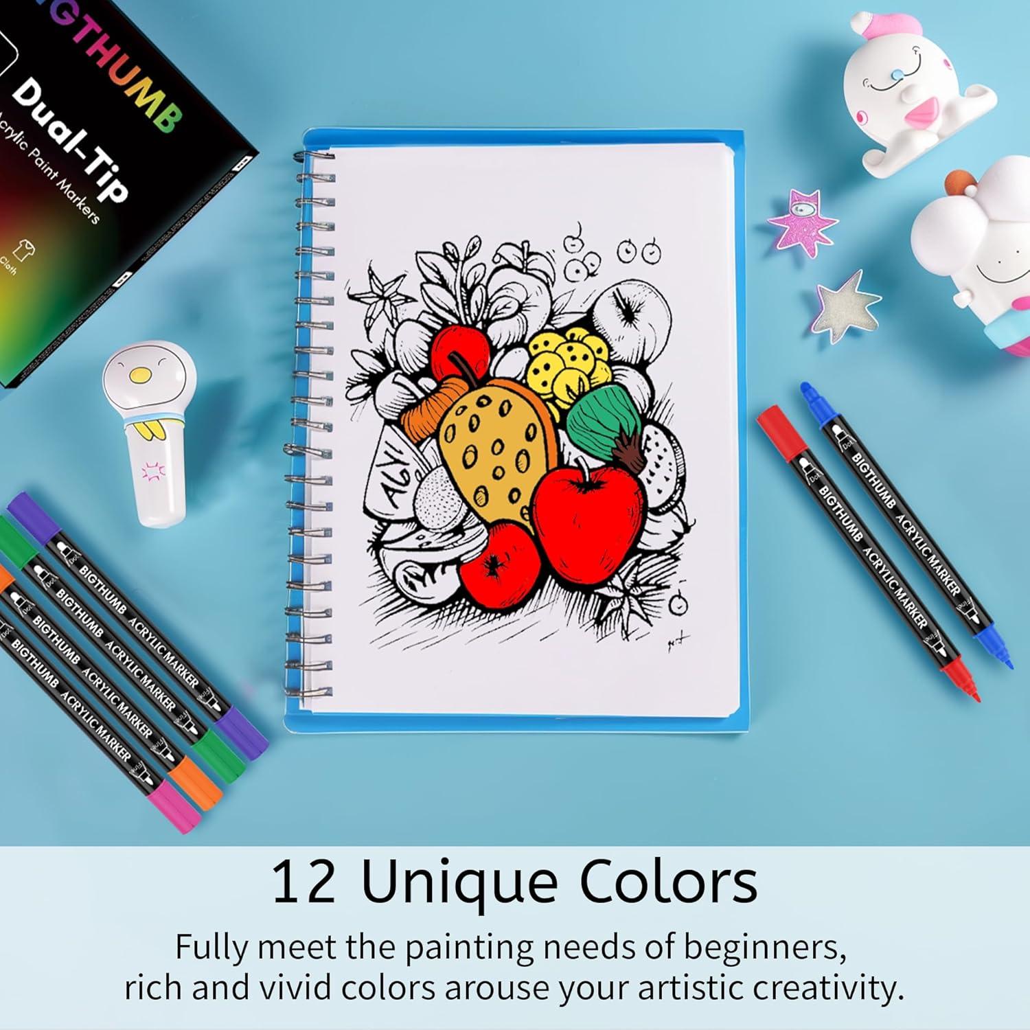 Marcadores Acrílicos Doble Punta BIGTHUMB 12 Colores 1-5mm