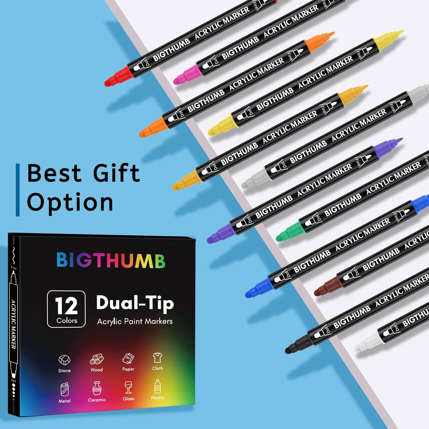 Marcadores Acrílicos Doble Punta BIGTHUMB 12 Colores 1-5mm
