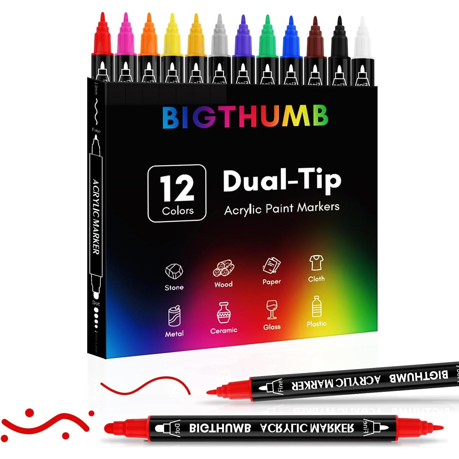 Marcadores Acrílicos Doble Punta BIGTHUMB 12 Colores 1-5mm