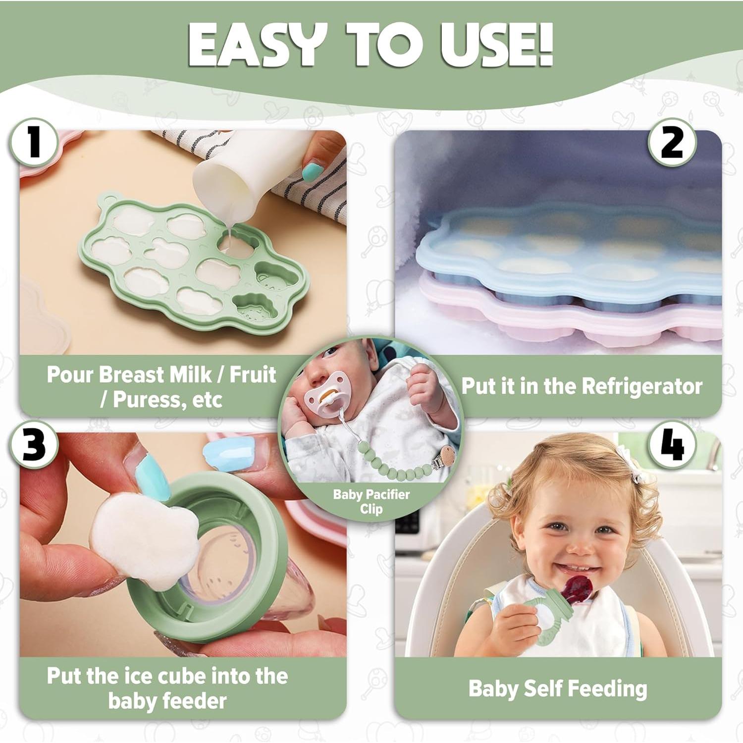 Moldes de Popsicle de Silicona O'doe para Bebés - 2 Bandejas y 2 Alimentadores