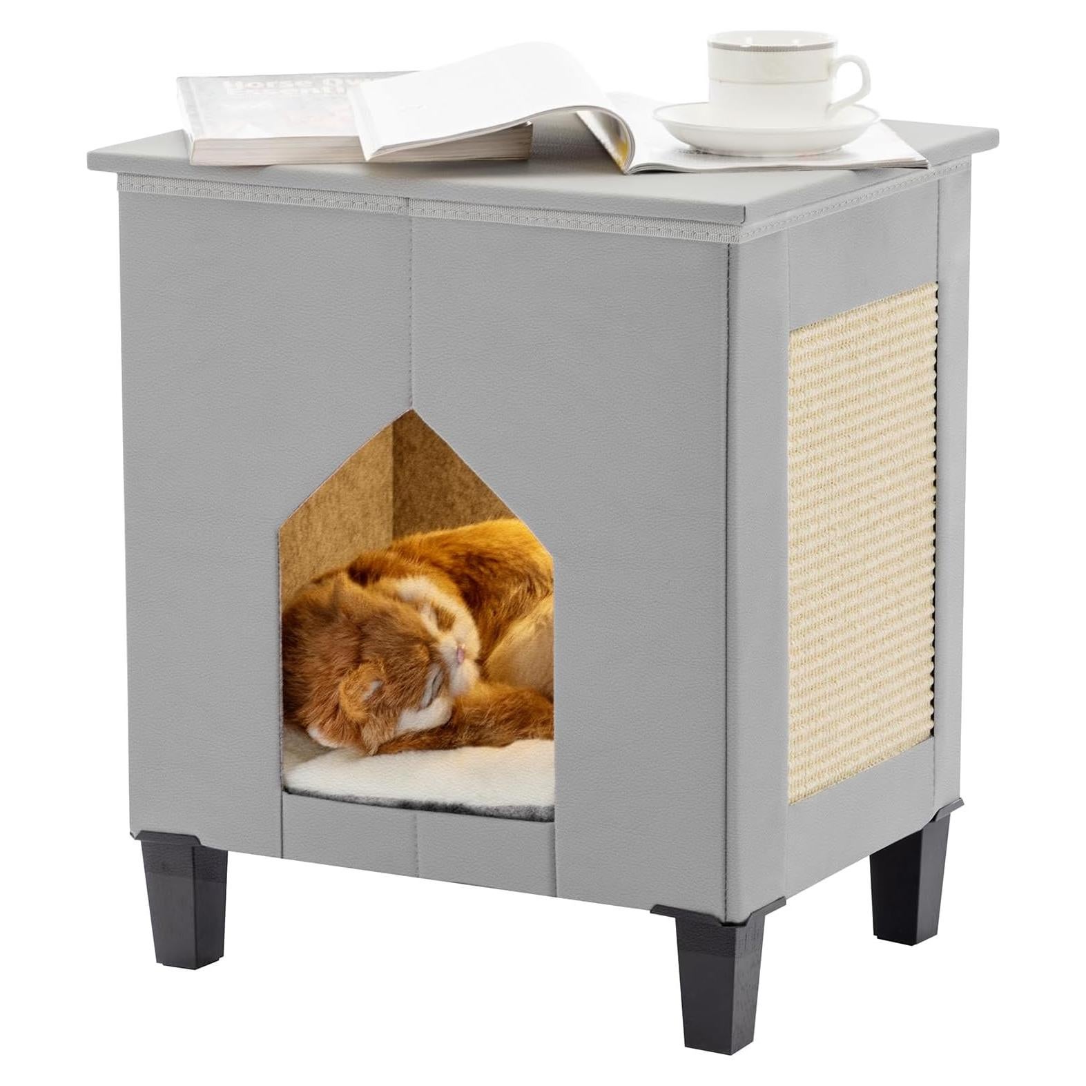 Casa para Gatos NUROMY con Rascador y Cama de Cuero Gris