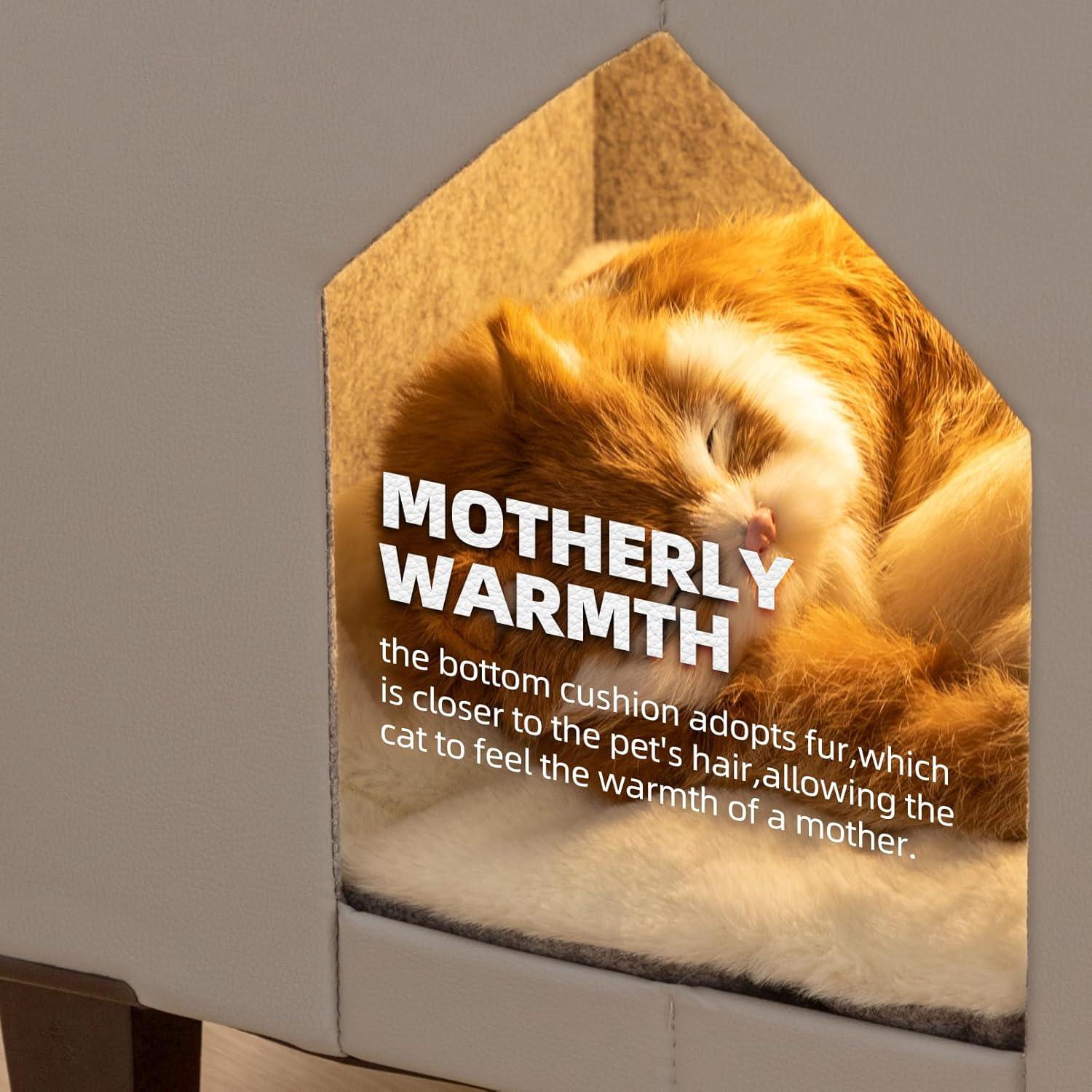 Casa para Gatos NUROMY con Rascador y Cama de Cuero Gris