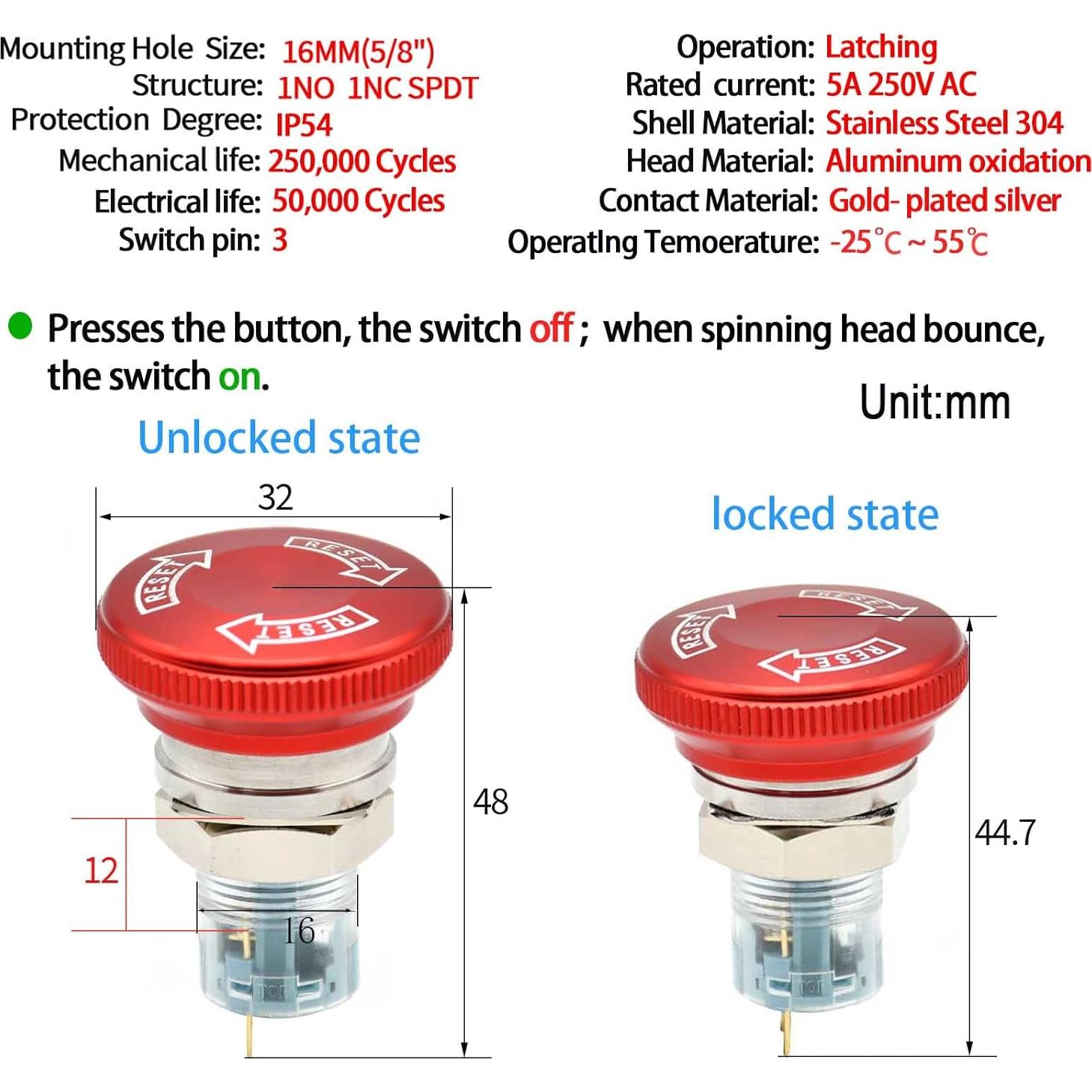 Interruptor de Parada de Emergencia 16MM ZJWZJH 1NO 1NC