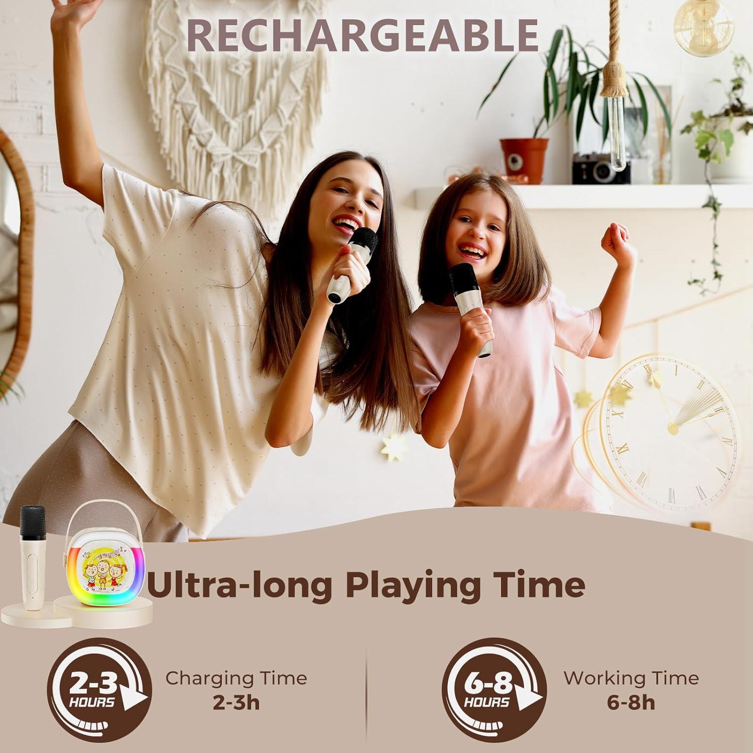 Mini Máquina de Karaoke HWWR D28-T con 2 Micrófonos y Luces