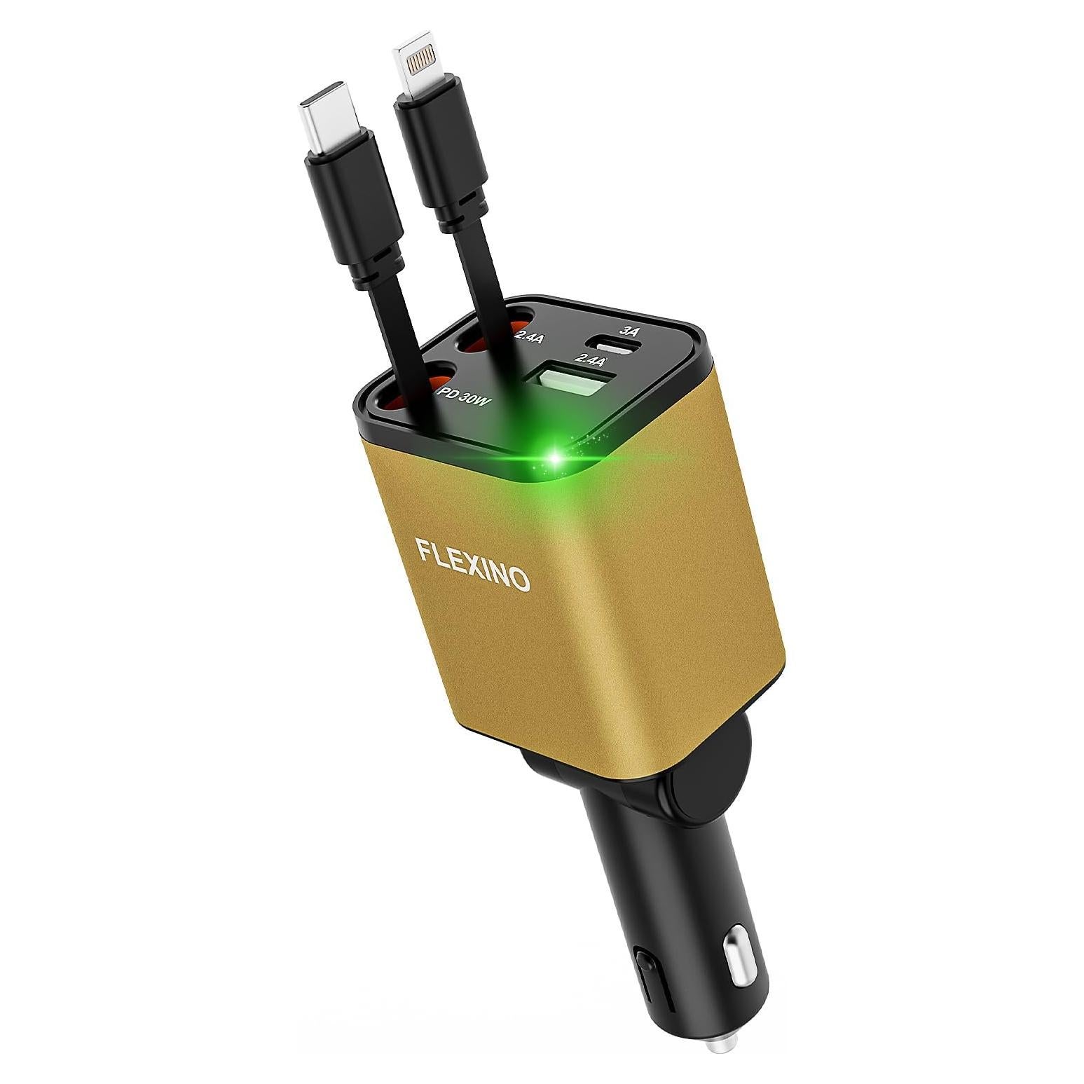 Cargador de coche Flexino 69W USB C con 2 cables retráctiles