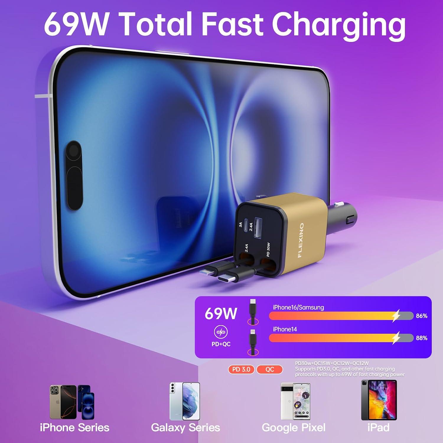 Cargador de coche Flexino 69W USB C con 2 cables retráctiles