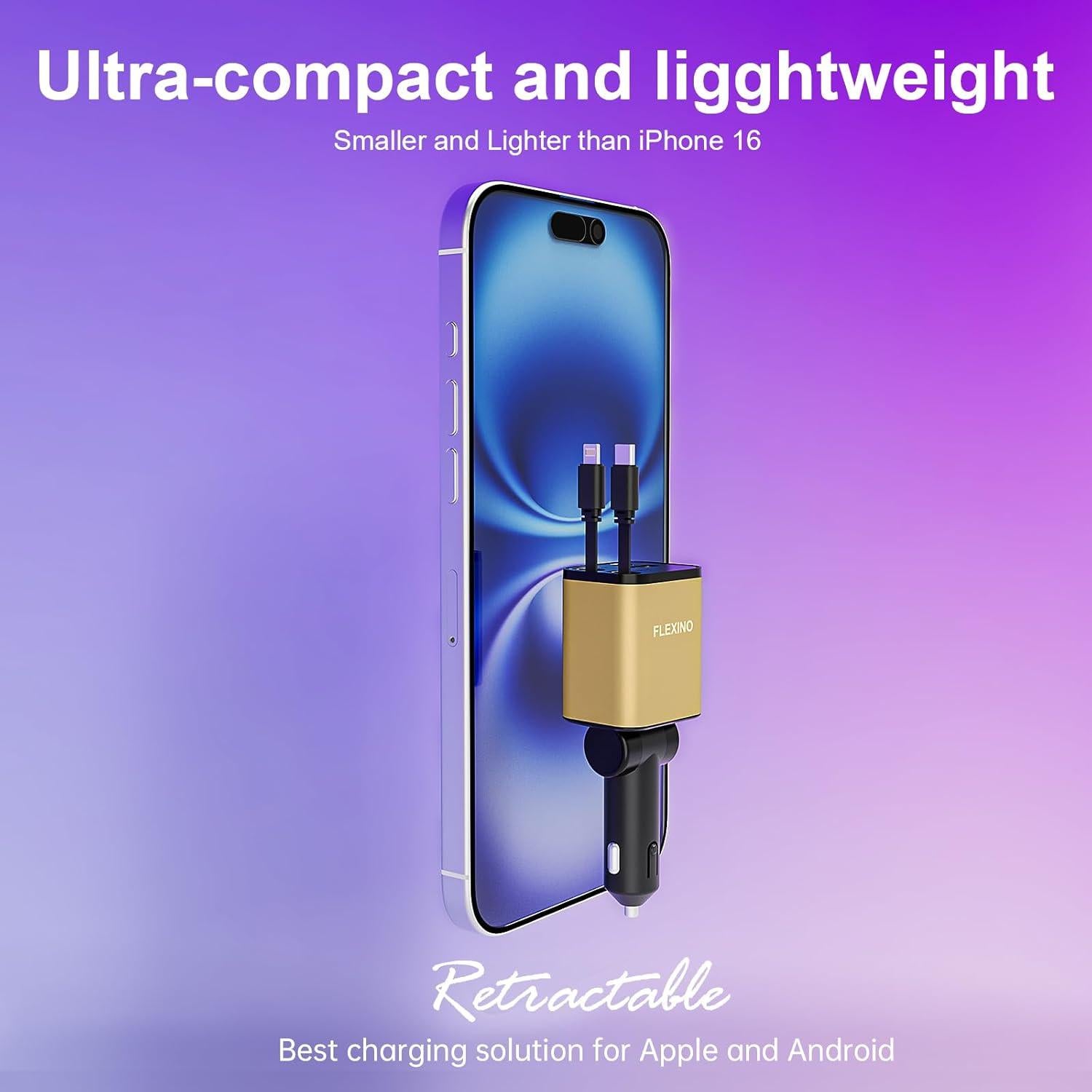 Cargador de coche Flexino 69W USB C con 2 cables retráctiles