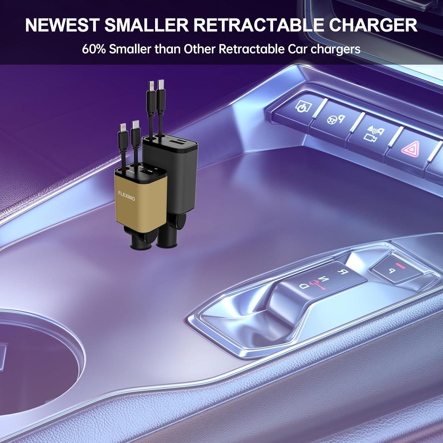 Cargador de coche Flexino 69W USB C con 2 cables retráctiles