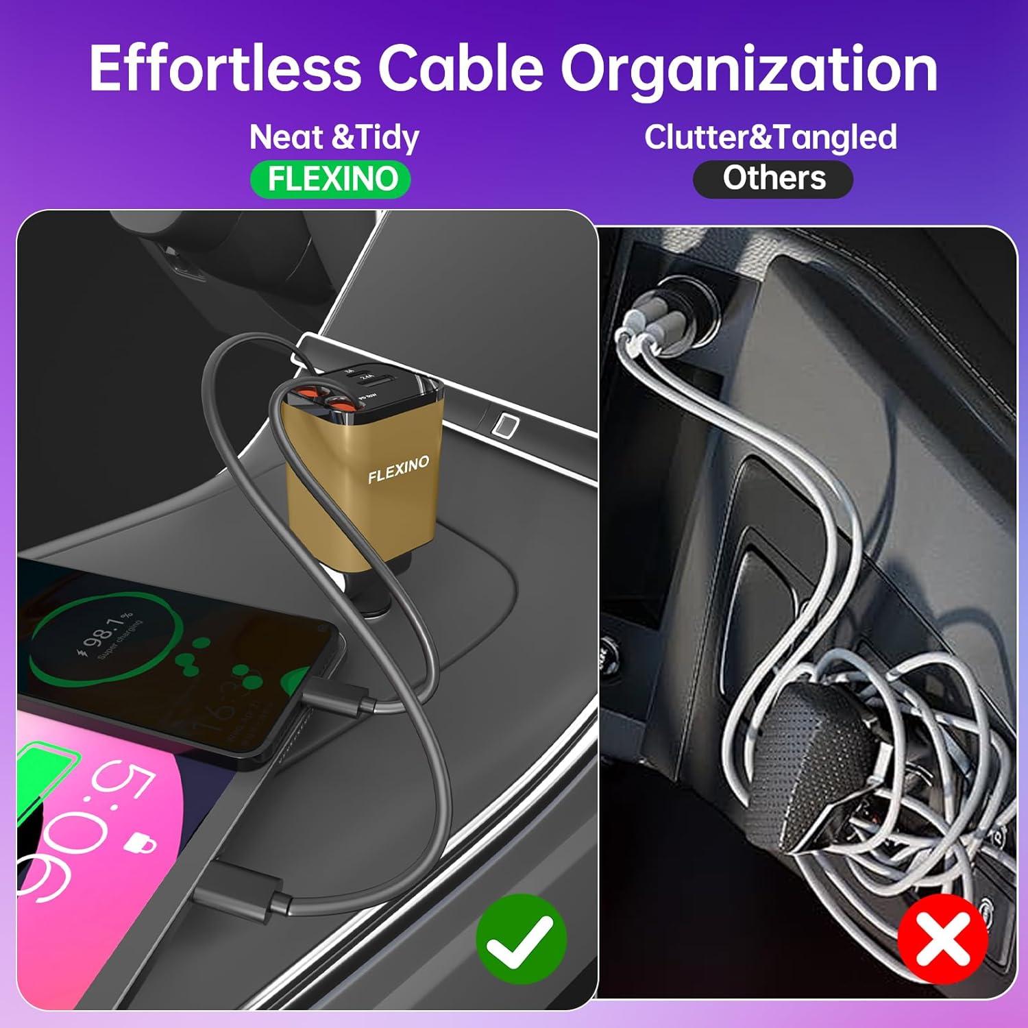 Cargador de coche Flexino 69W USB C con 2 cables retráctiles