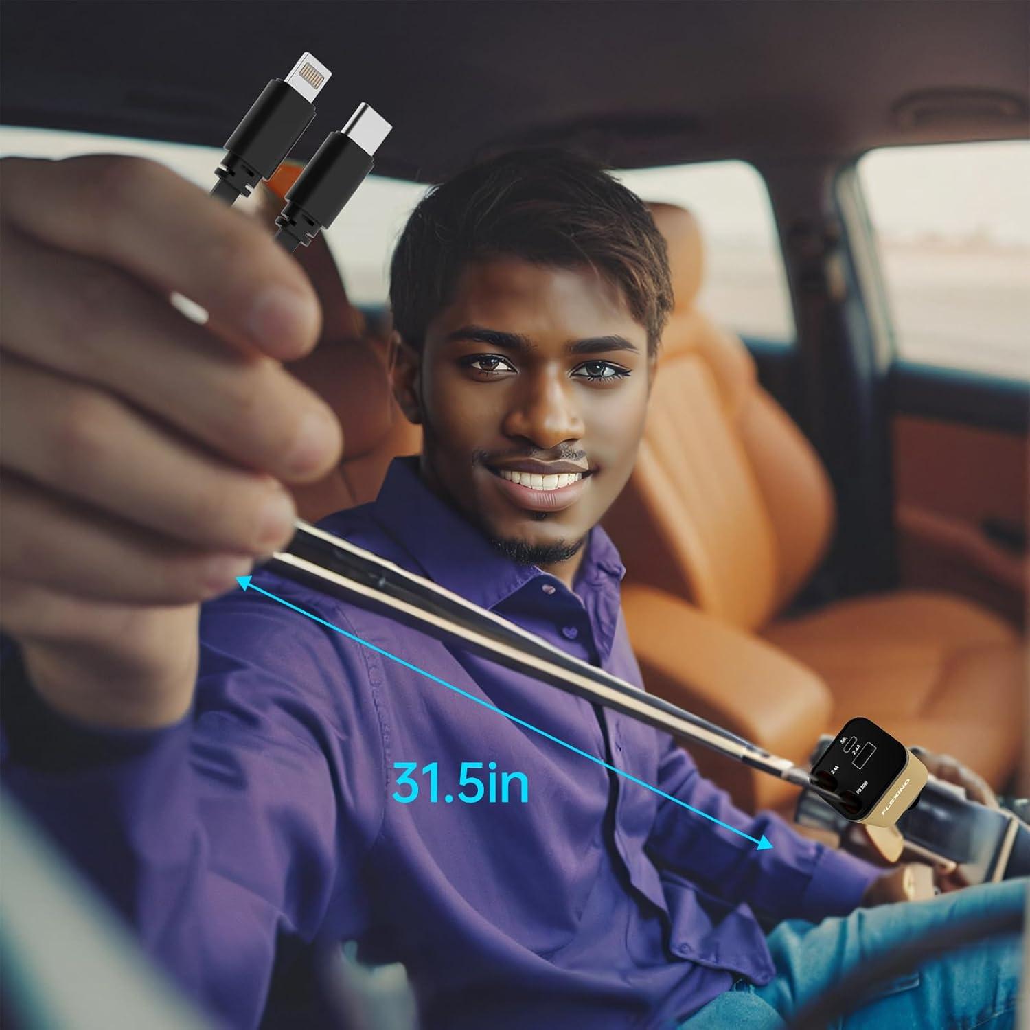 Cargador de coche Flexino 69W USB C con 2 cables retráctiles