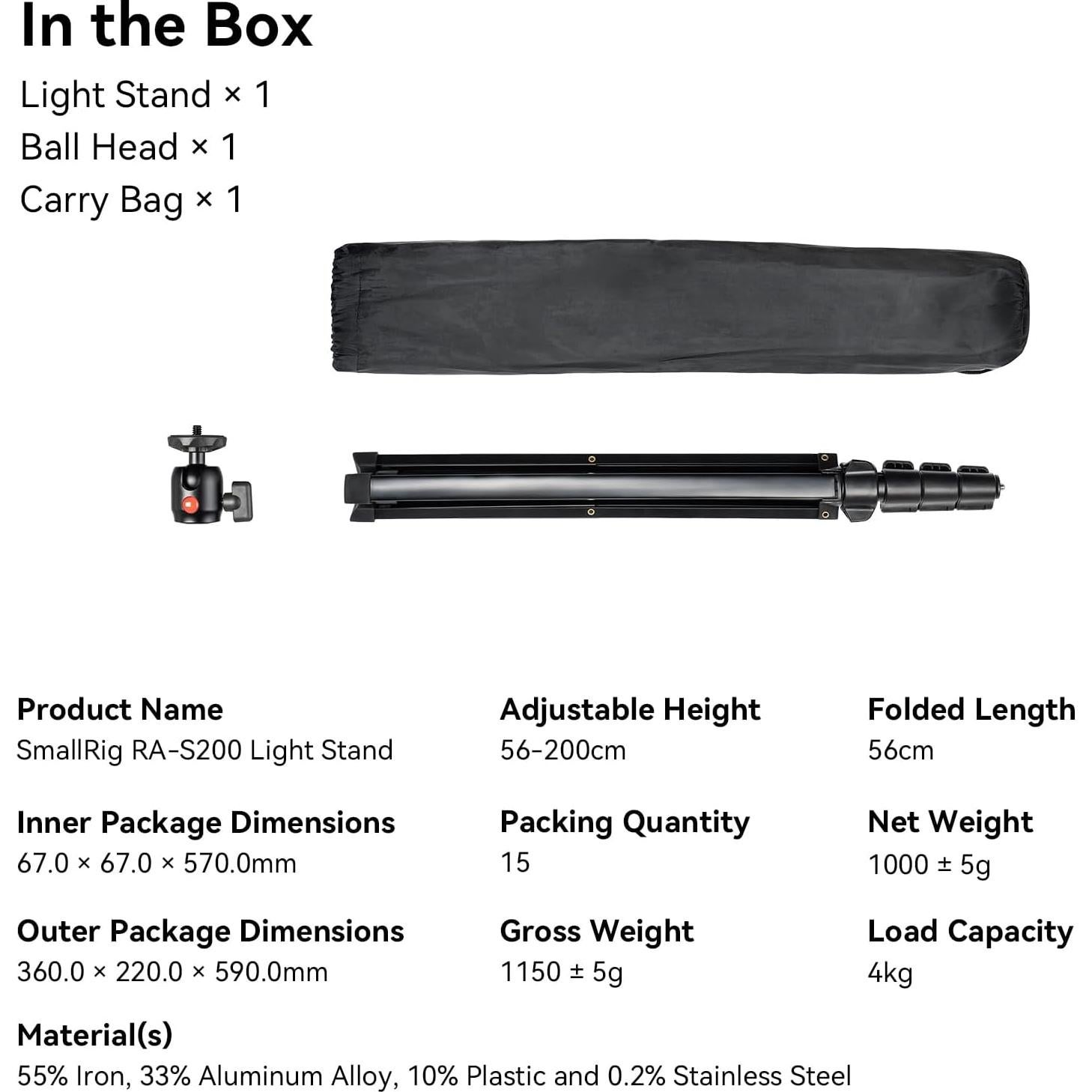 Soporte de Luz SMALLRIG RA-S200 200cm Ajustable 4kg Negro