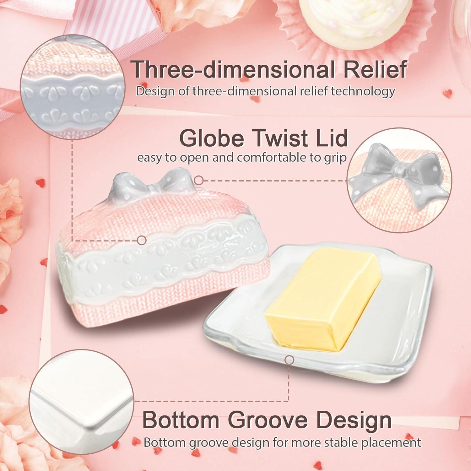 Plato de Mantequilla Cerámica Rosa con Tapa Diseño 3D Happy Will