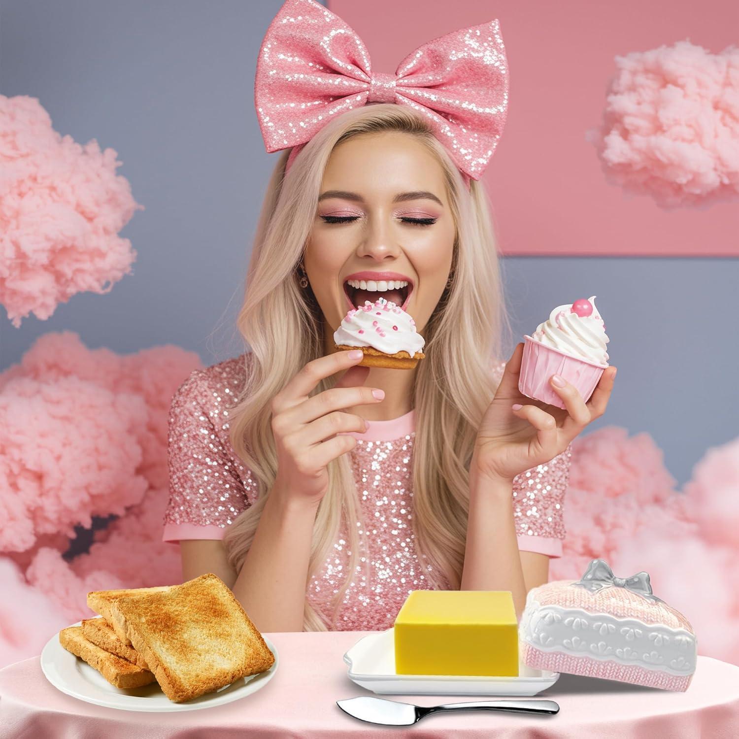 Plato de Mantequilla Cerámica Rosa con Tapa Diseño 3D Happy Will