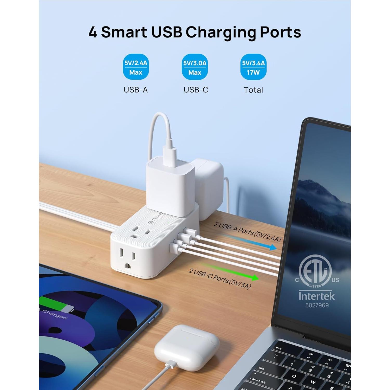 Regleta TROND 5FT con 4 USB y Protección 900J - Enchufe Rotatorio