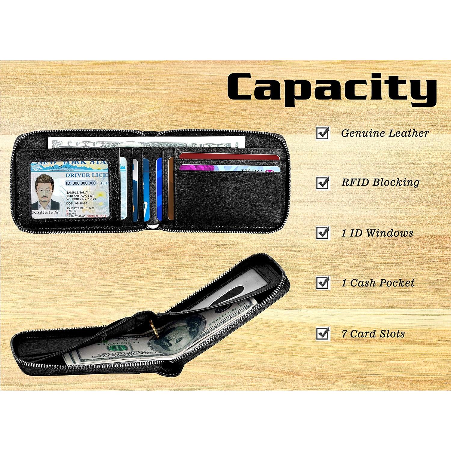 Billetera de Cuero Bifold Admetus con Cierre y Bloqueo RFID