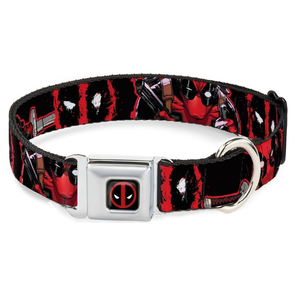 Marvel Comics Pet Collar, Dog Collar Metal Seatbelt Buckle, Deadpool Action Poses Splatter Logo Black Red White, 9.5 to 13 Inches 1.0 Inch Wide