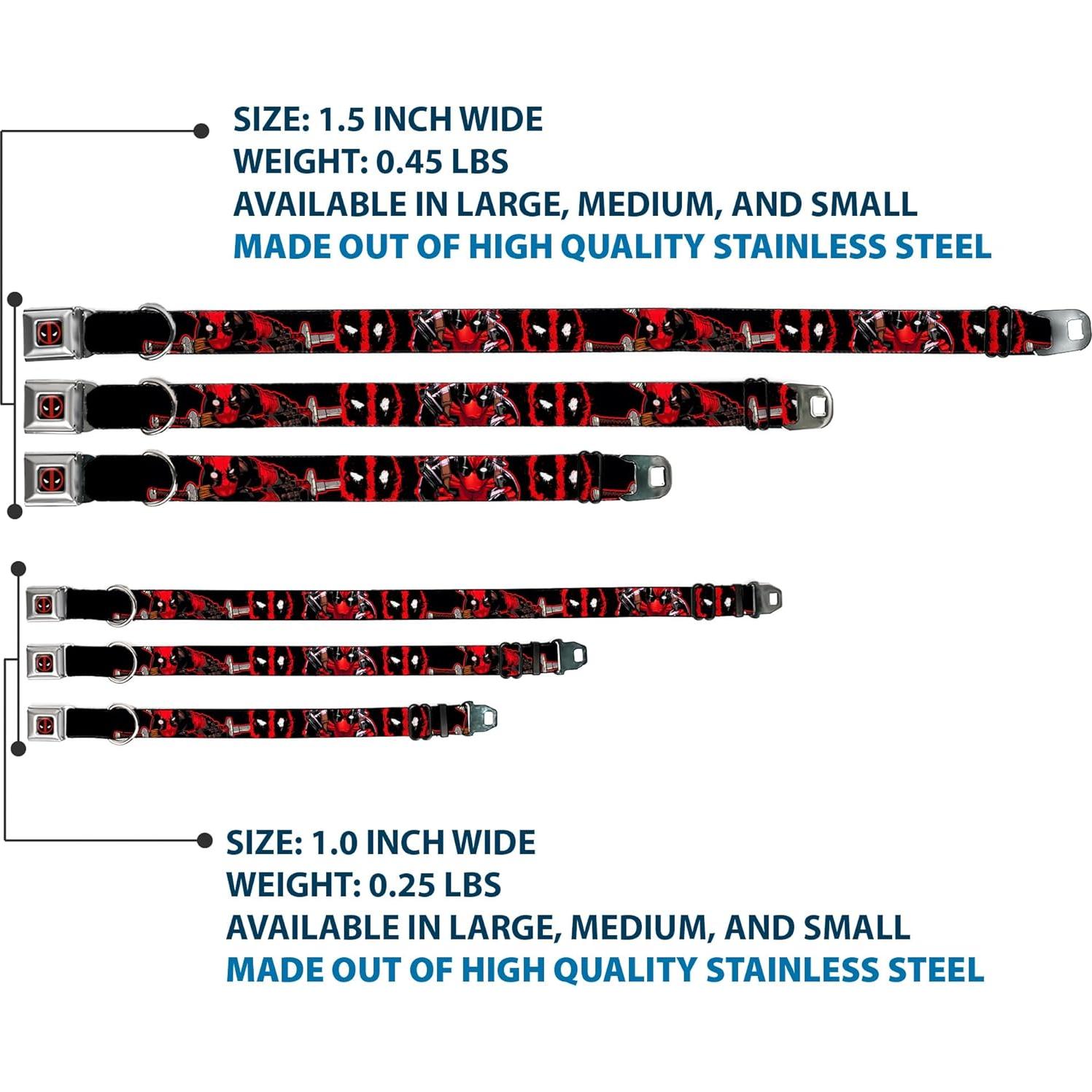 Marvel Comics Pet Collar, Dog Collar Metal Seatbelt Buckle, Deadpool Action Poses Splatter Logo Black Red White, 9.5 to 13 Inches 1.0 Inch Wide