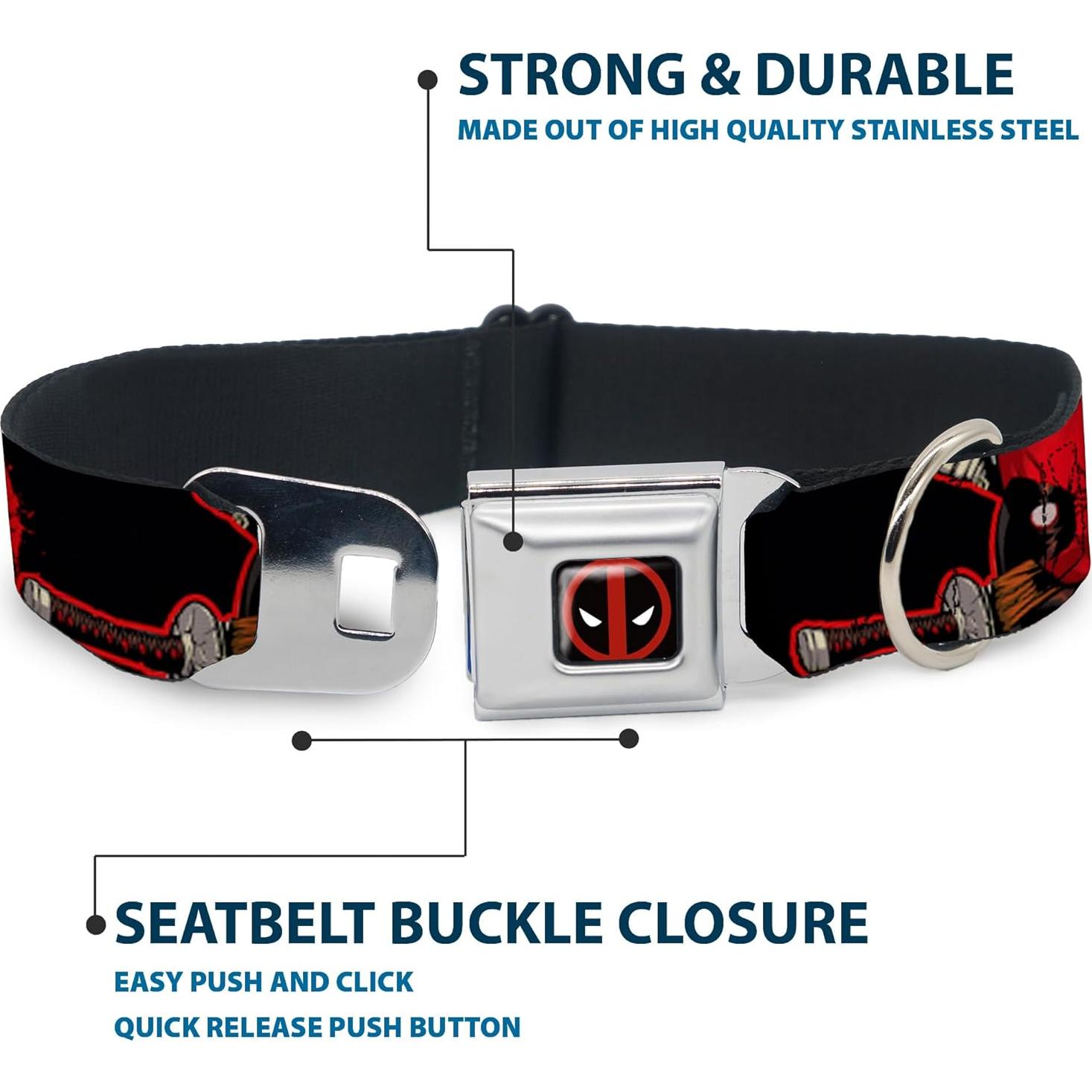 Marvel Comics Pet Collar, Dog Collar Metal Seatbelt Buckle, Deadpool Action Poses Splatter Logo Black Red White, 9.5 to 13 Inches 1.0 Inch Wide