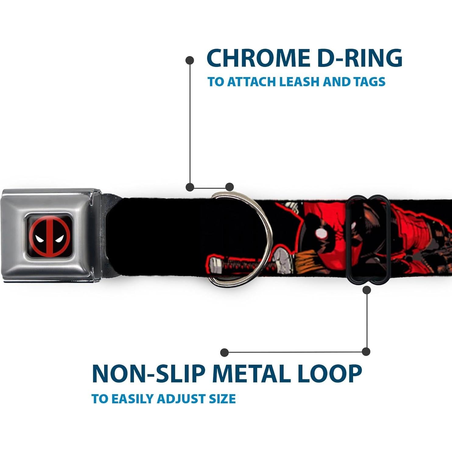 Marvel Comics Pet Collar, Dog Collar Metal Seatbelt Buckle, Deadpool Action Poses Splatter Logo Black Red White, 9.5 to 13 Inches 1.0 Inch Wide