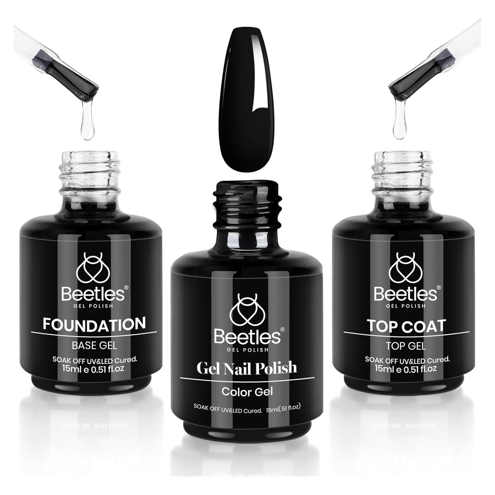 Set de Esmalte en Gel Beetles 3 Pcs - Top Coat, Base Coat y Negro 15ml