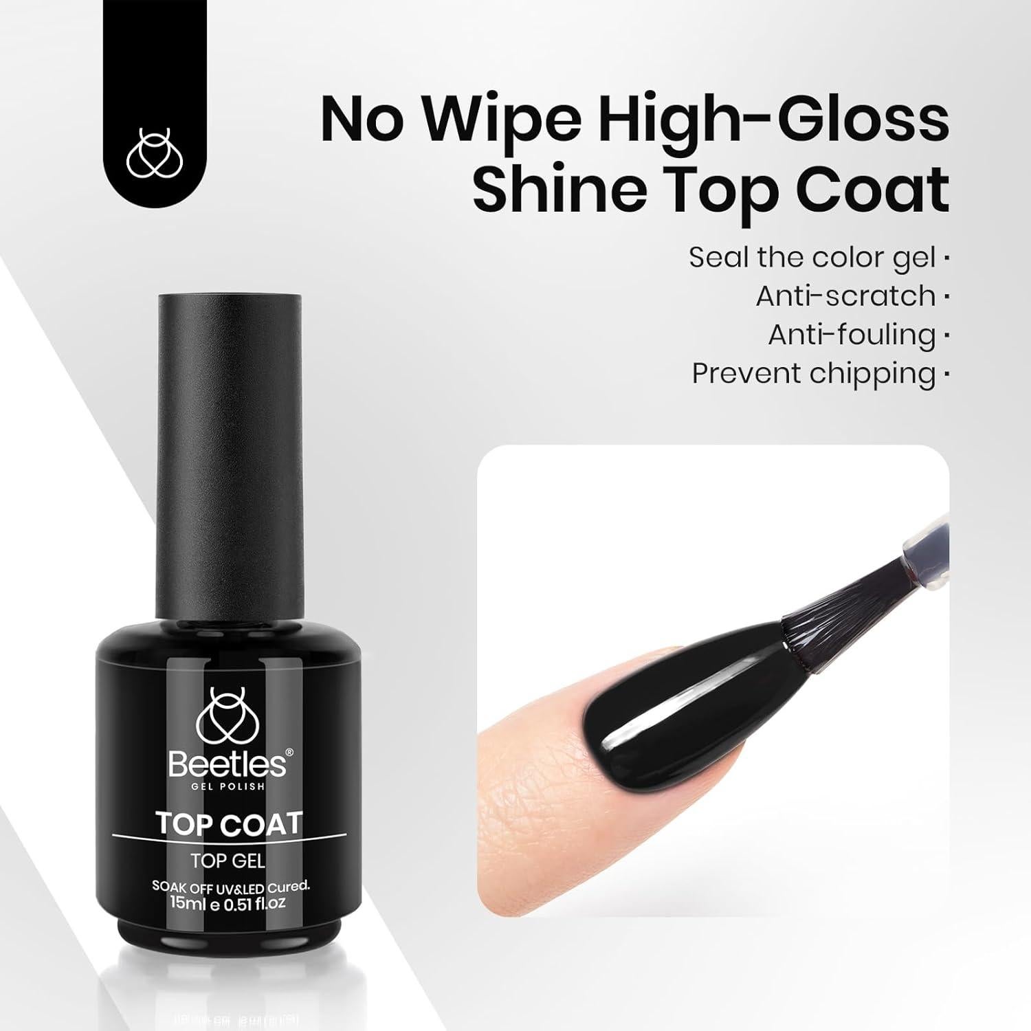 Set de Esmalte en Gel Beetles 3 Pcs - Top Coat, Base Coat y Negro 15ml