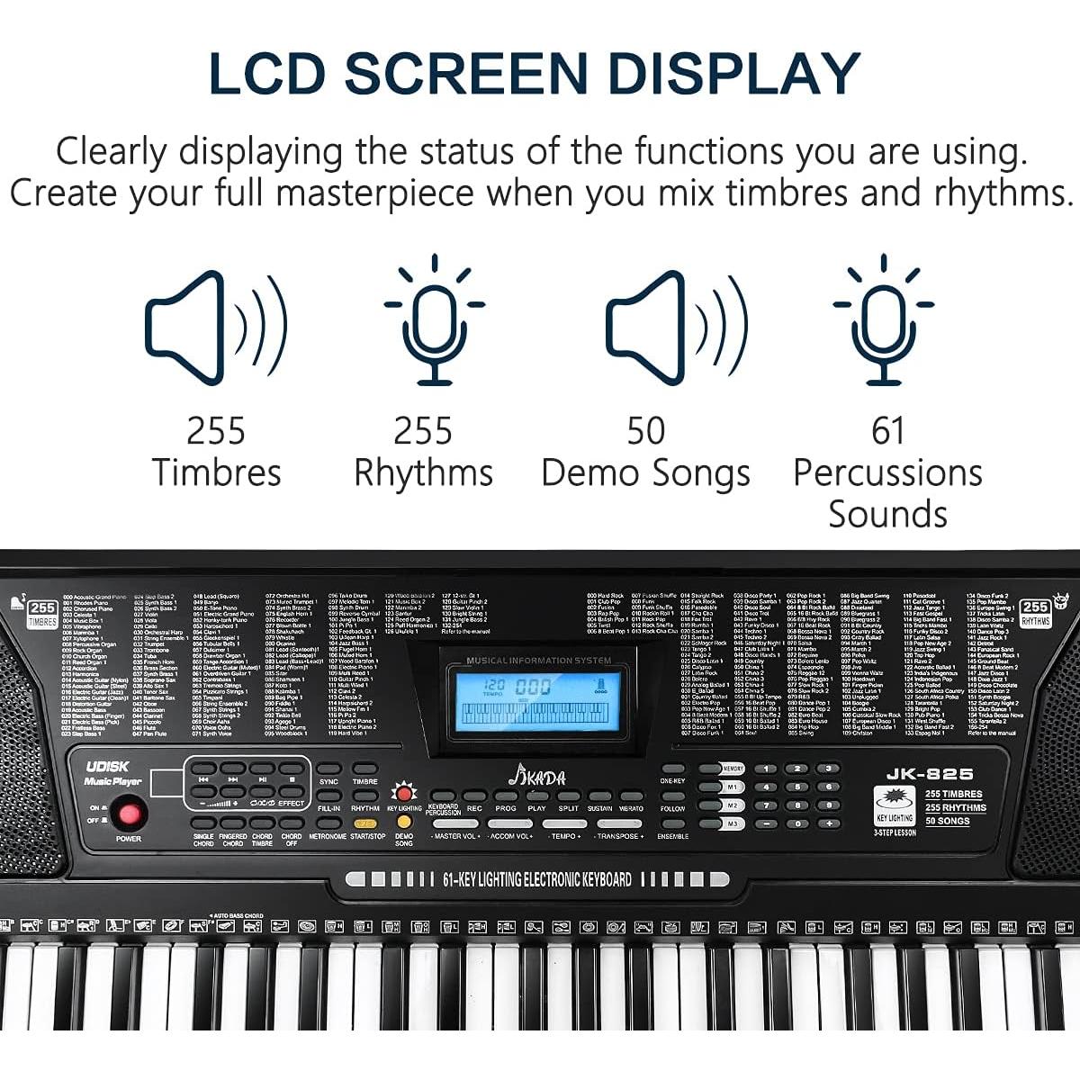 Teclado Electrónico JIKADA-61 con Soporte, Auriculares y Más