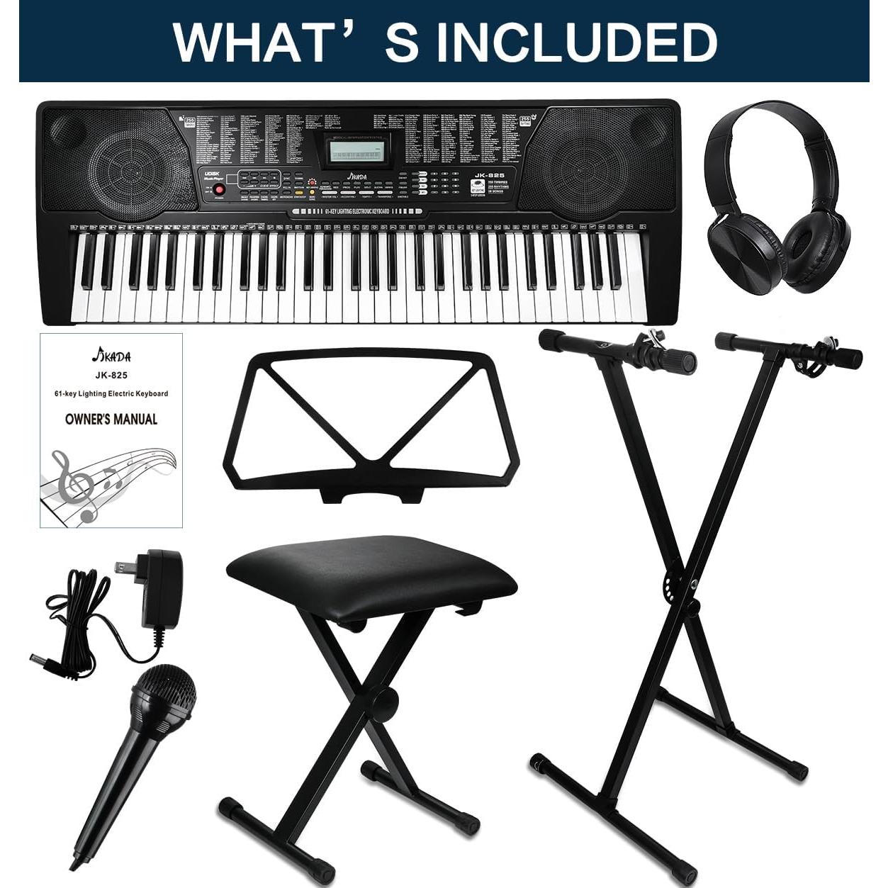 Teclado Electrónico JIKADA-61 con Soporte, Auriculares y Más