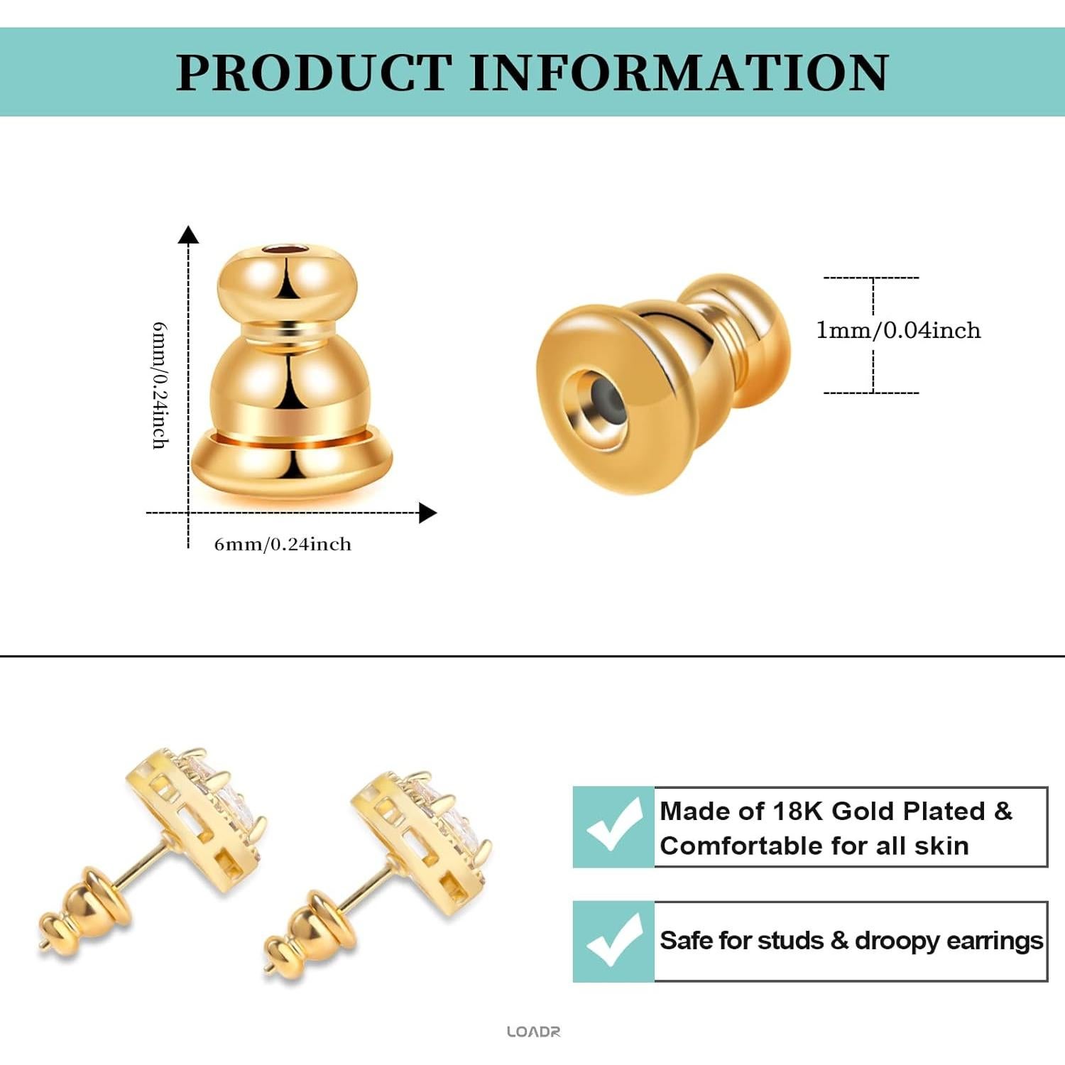 Cierres de Aretes Hipoalergénicos LOADR de 18K - 6 Pares