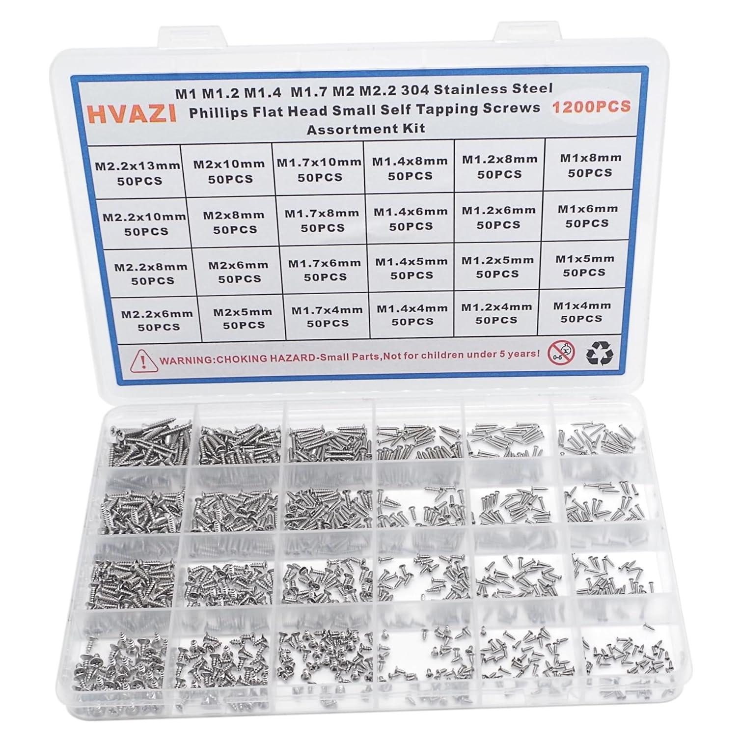 Kit 1200 Tornillos Autoperforantes HVAZI M1 a M2.2 Acero Inoxidable