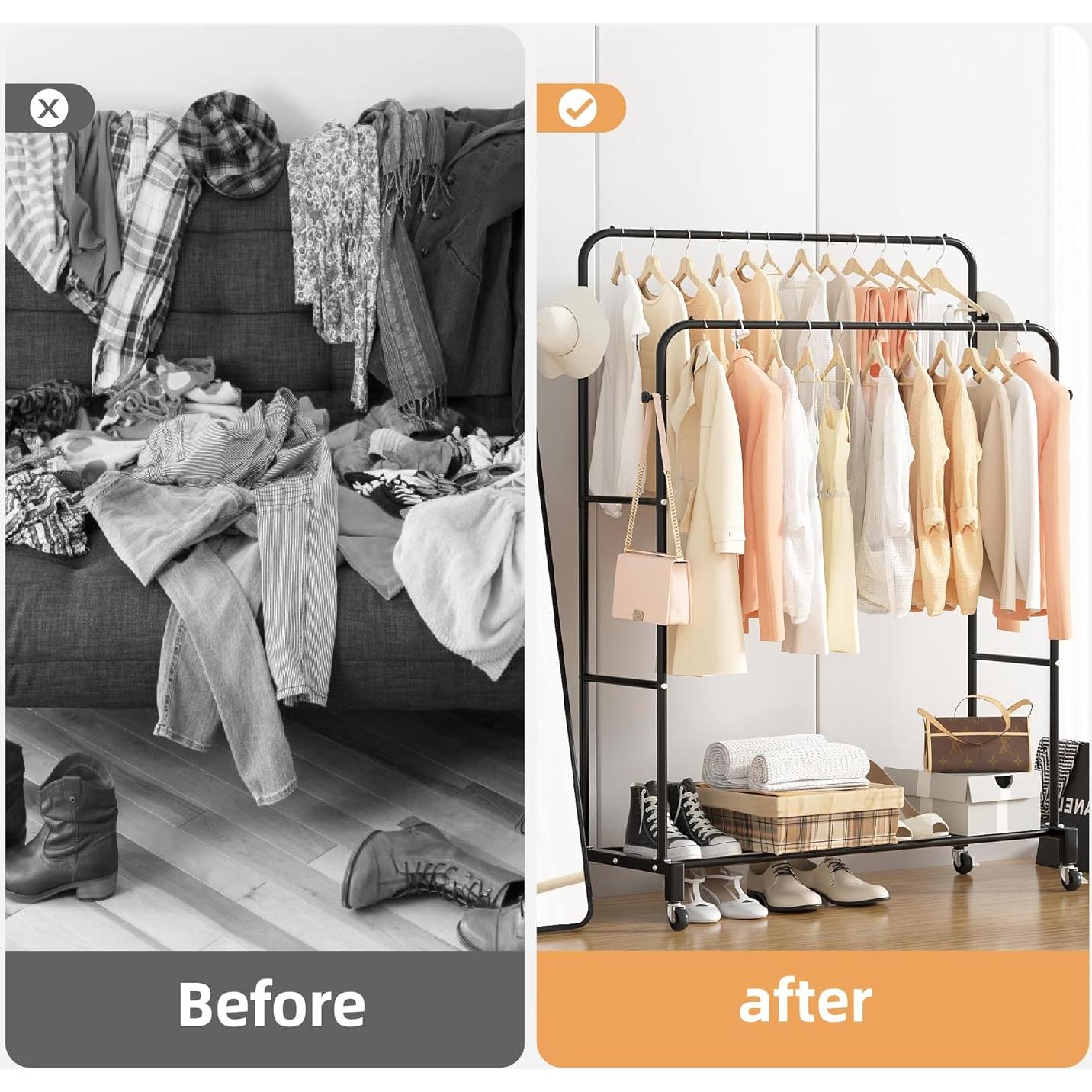 Perchero Doble Barra Sooyee con Ruedas y 3 Niveles Negro