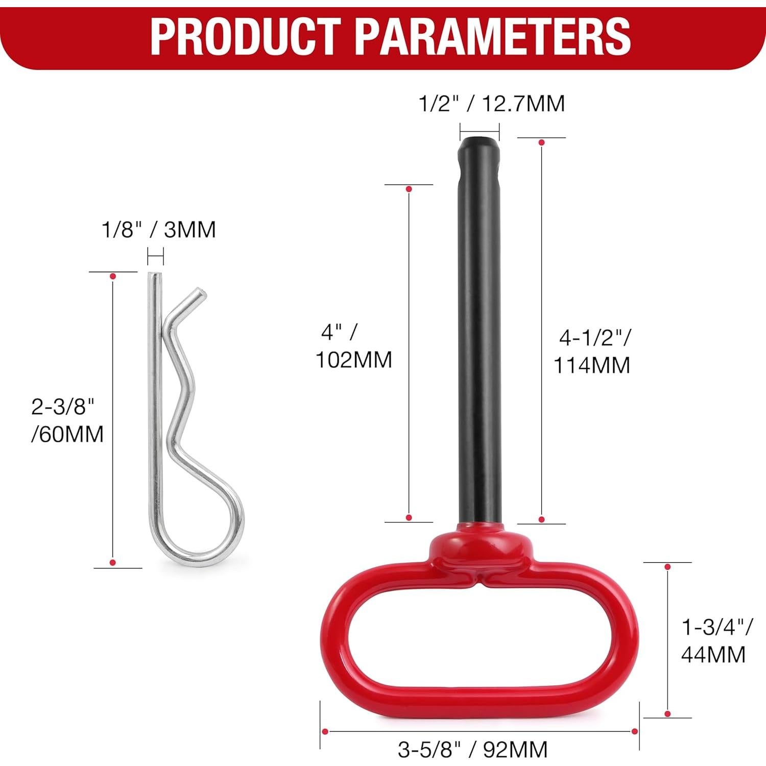 Pasador de Enganche de Remolque Jamiikury 1.27 cm x 10.16 cm Rojo