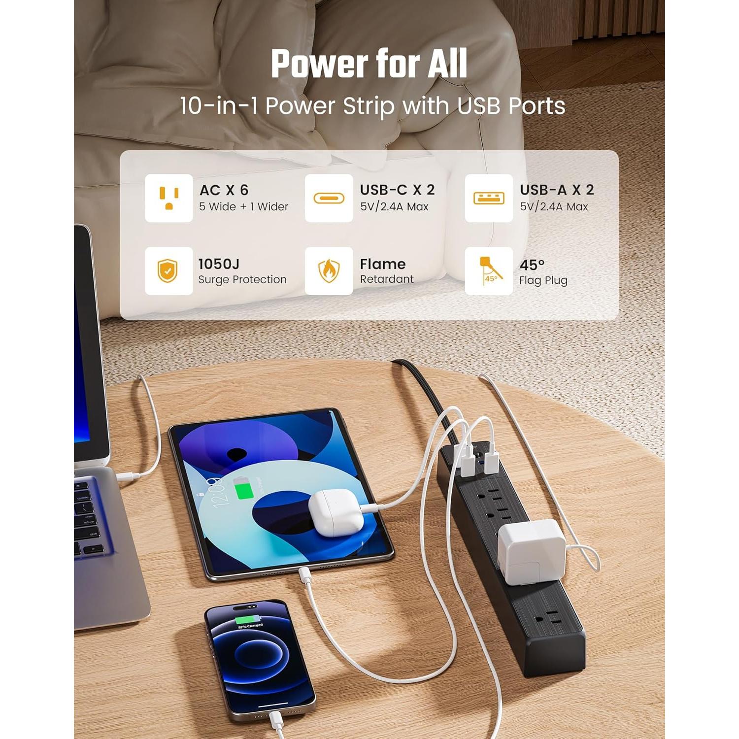 Regleta de 5 Salidas y 3 USB SUPERDANNY 1.37 m Negra