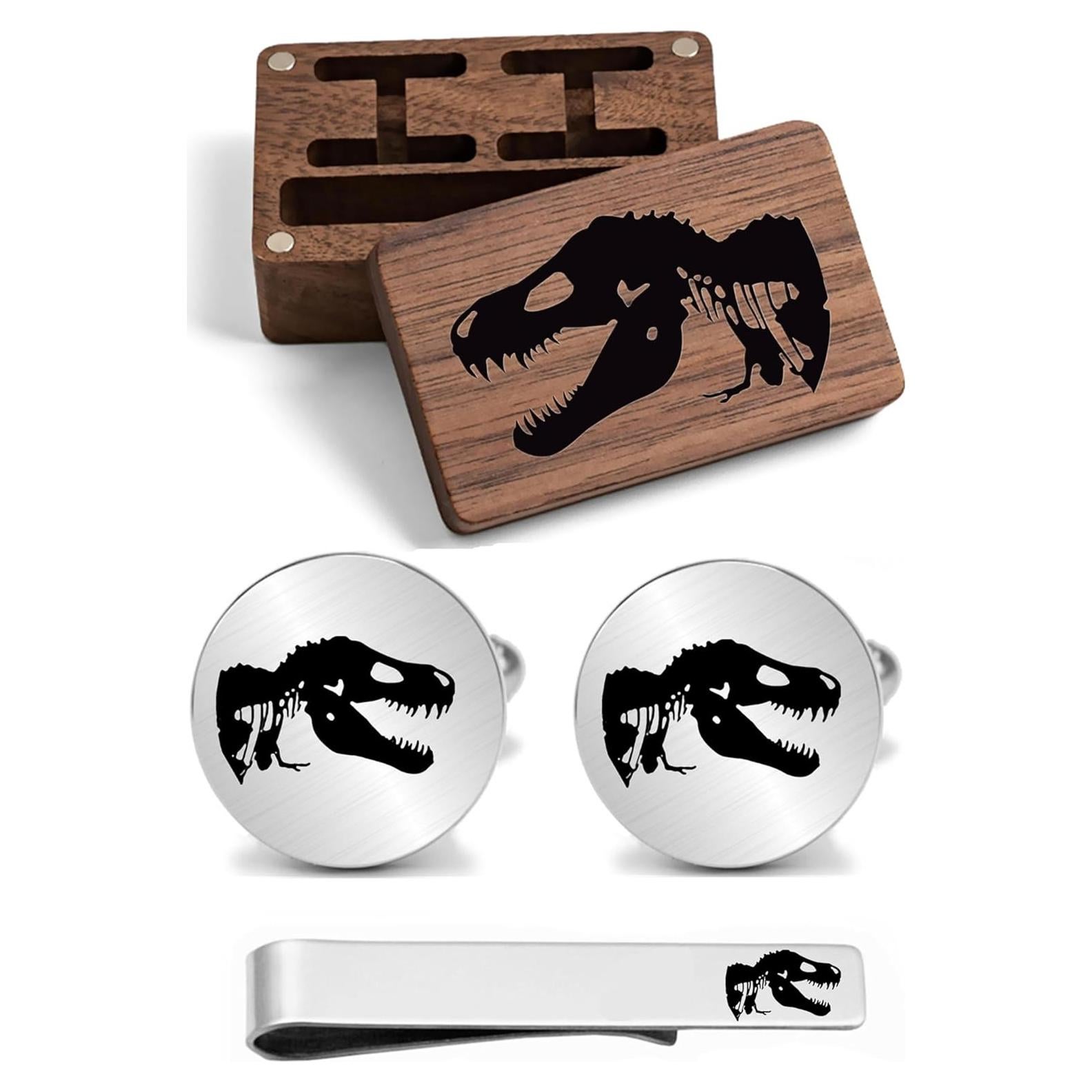 Juego de Gemelos y Clip de Corbata Kooer T-Rex Plateado