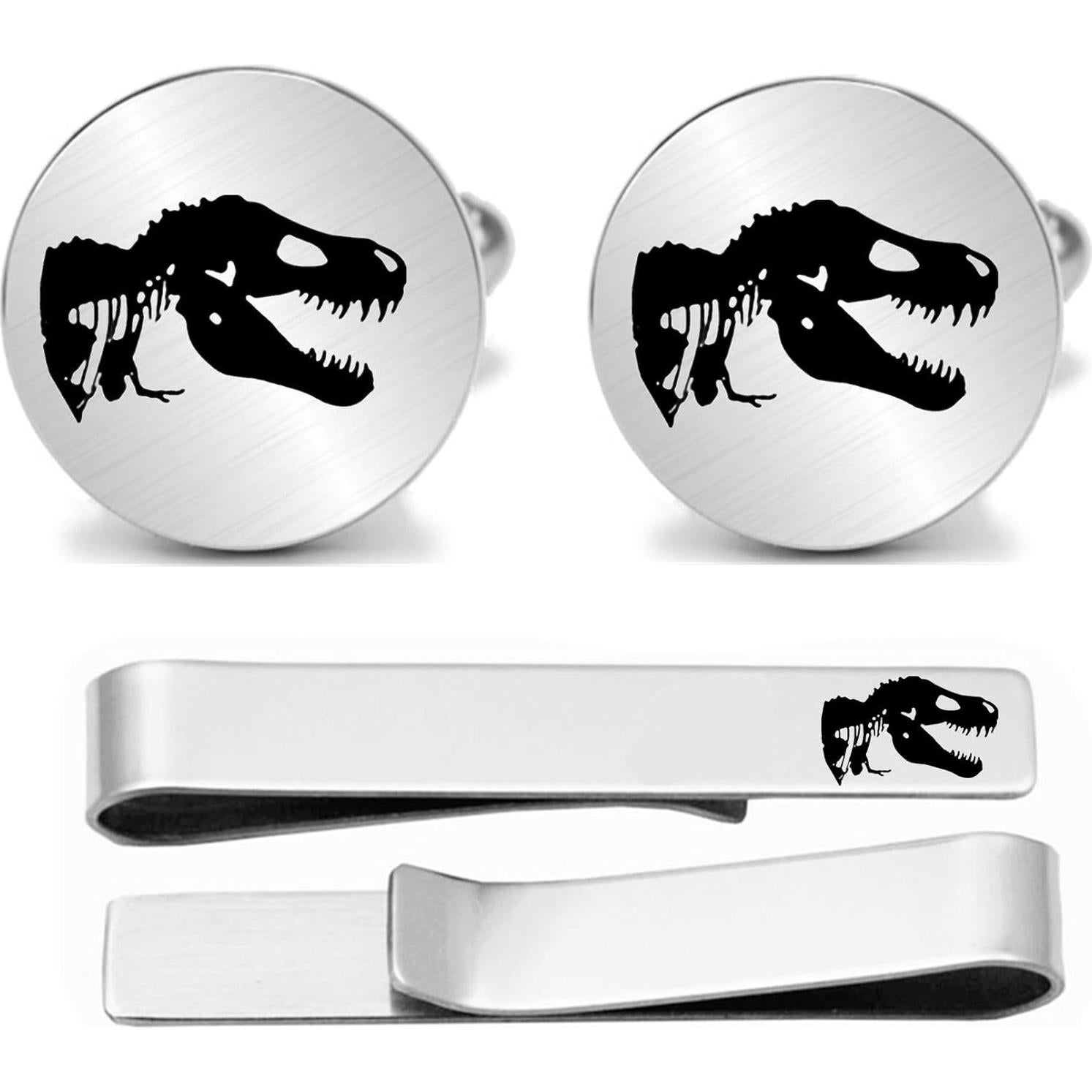 Juego de Gemelos y Clip de Corbata Kooer T-Rex Plateado