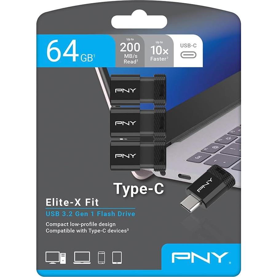 Unidad Flash PNY Elite-X Fit 64GB Tipo-C USB 3.2 - 3 Piezas