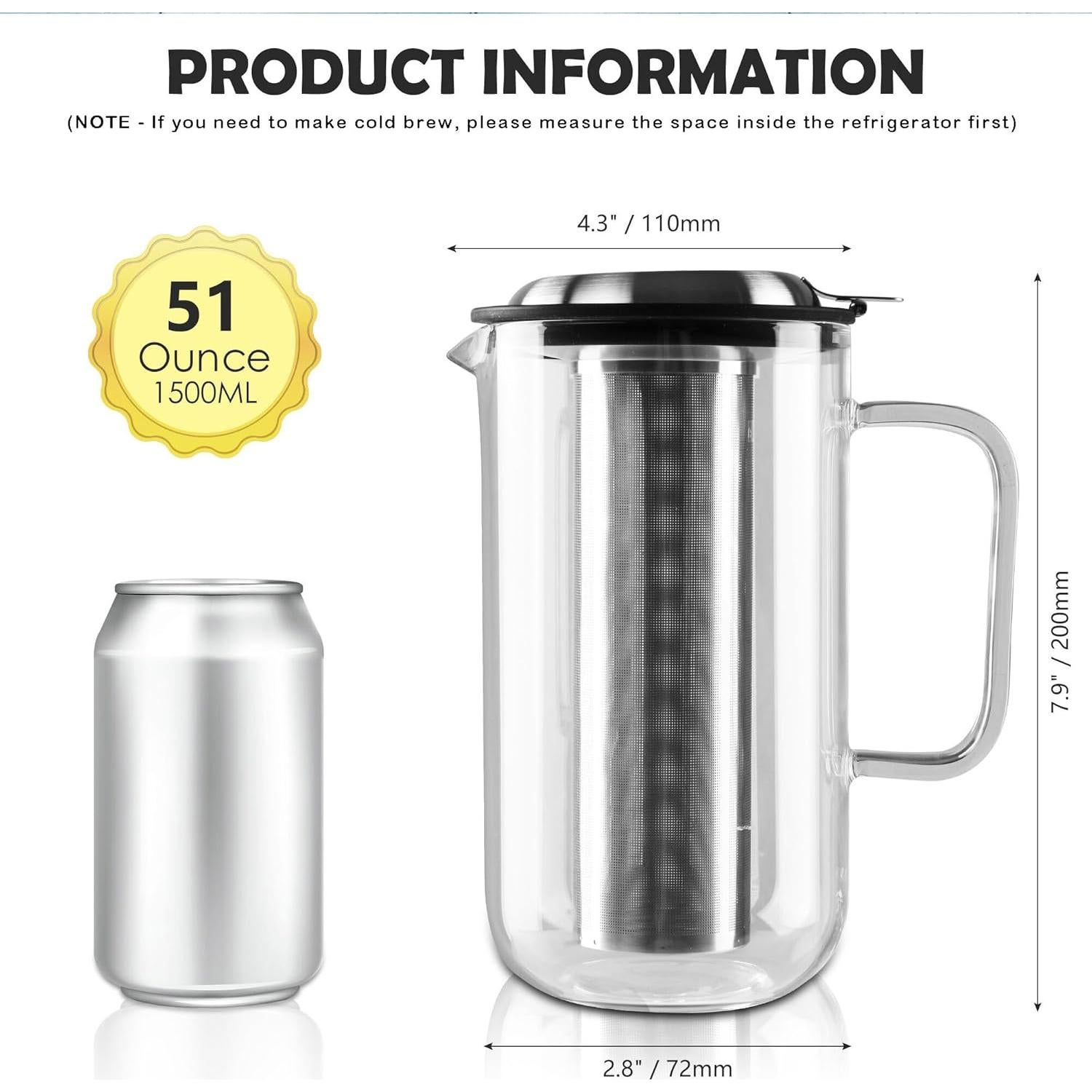 Tetera de vidrio Aquach 51oz con infusor de acero inoxidable