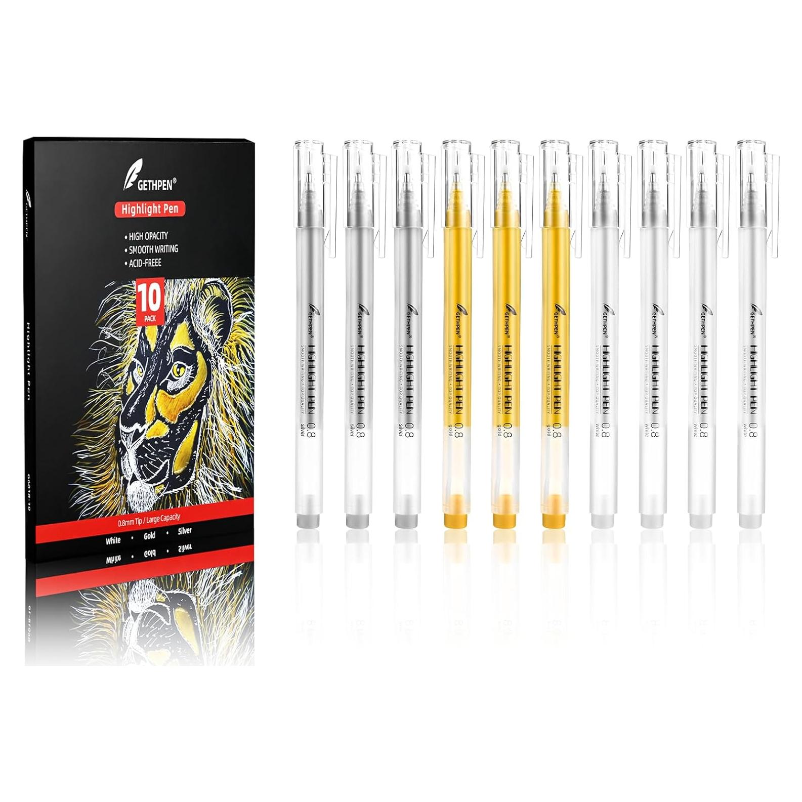 Paquete de 10 bolígrafos de gel GETHPEN 0.8mm Blanco, Oro, Plata
