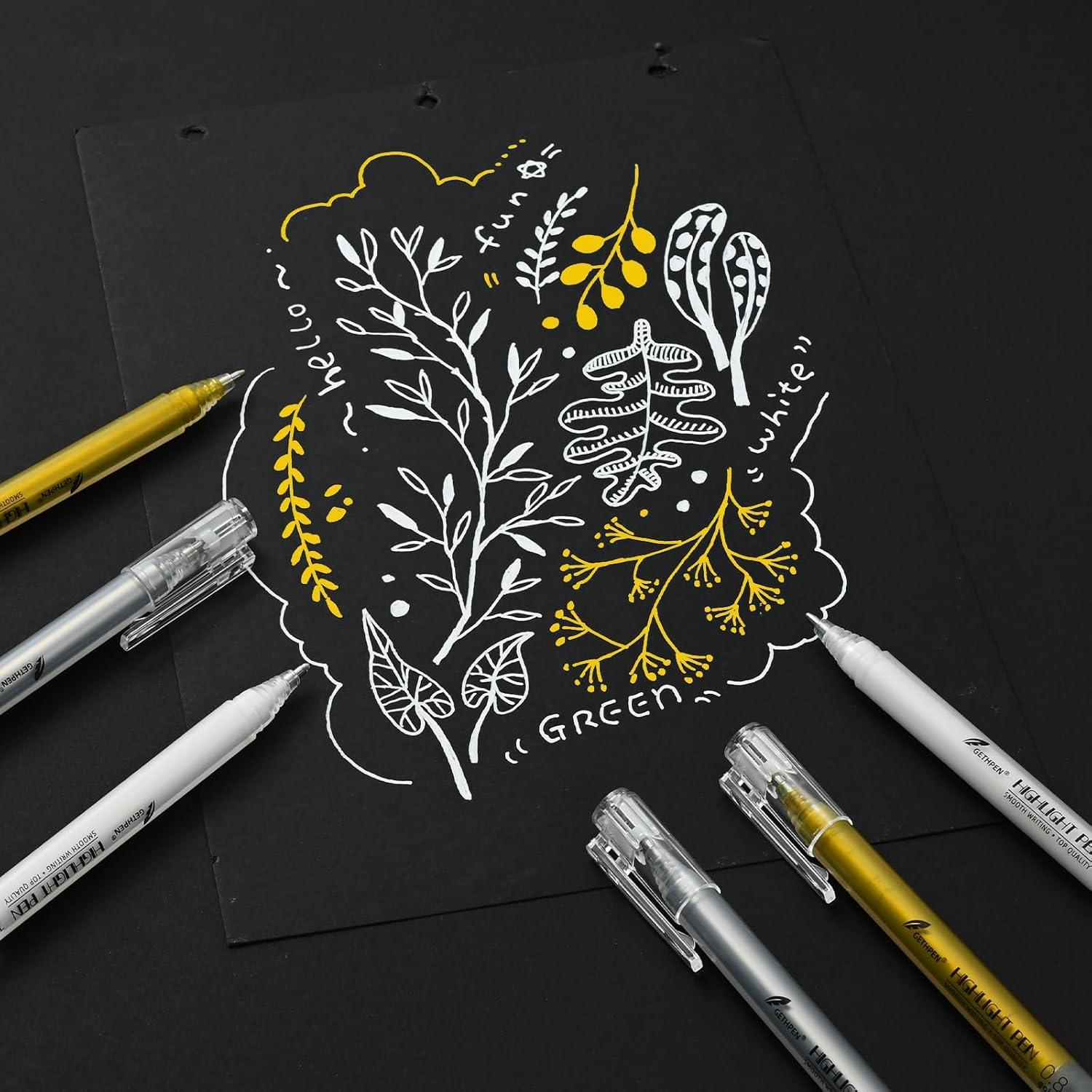 Paquete de 10 bolígrafos de gel GETHPEN 0.8mm Blanco, Oro, Plata