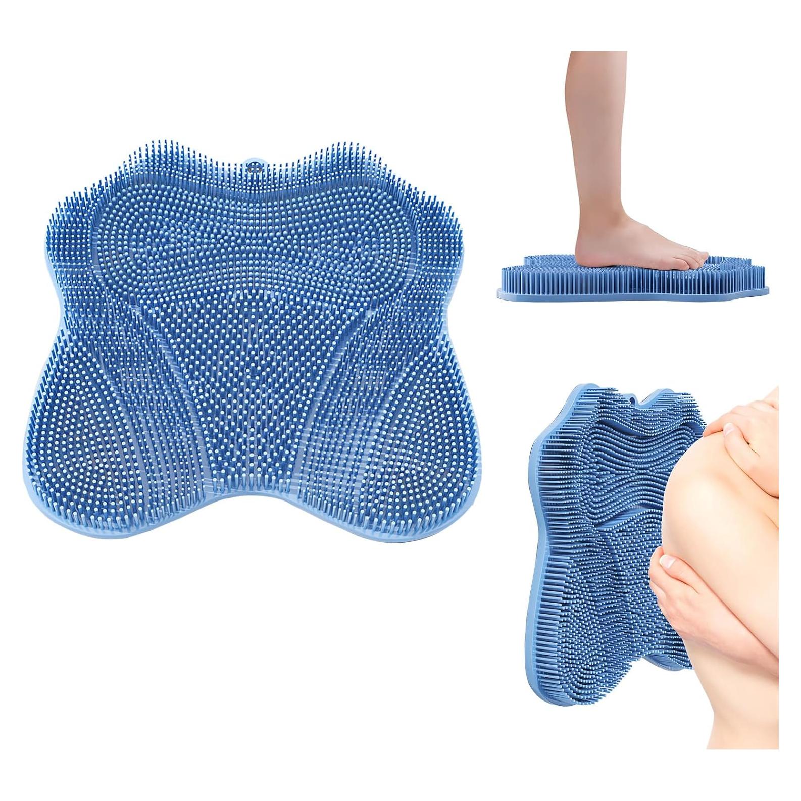 XXL Large Foot Scrubber Mat & Silicone Back Scrubber with Butterfly Form Design,3 Brush Designs for Deep Cleaning Shower Foot Scrubber Mat, Wall Mounted Back Scrubber Silicone Bath(Blue)