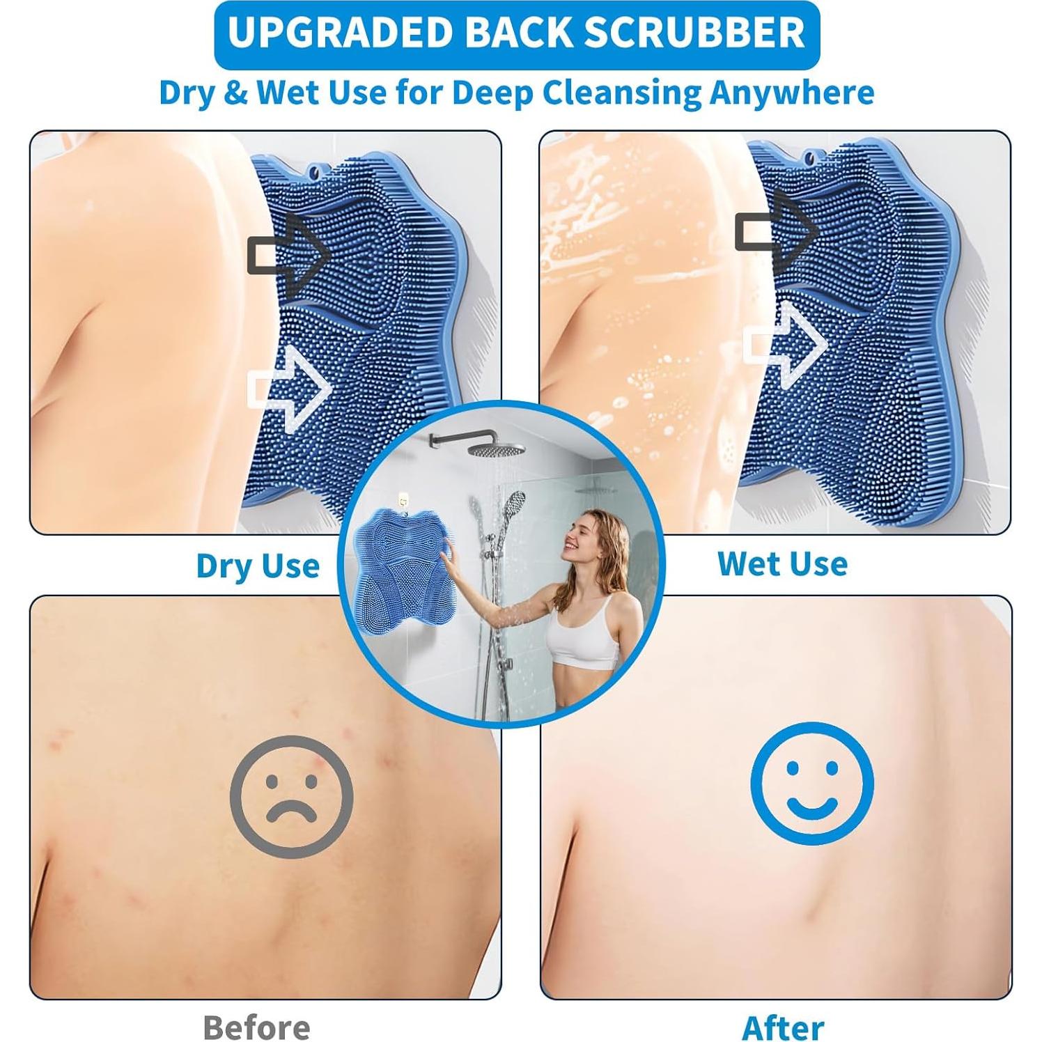 XXL Large Foot Scrubber Mat & Silicone Back Scrubber with Butterfly Form Design,3 Brush Designs for Deep Cleaning Shower Foot Scrubber Mat, Wall Mounted Back Scrubber Silicone Bath(Blue)